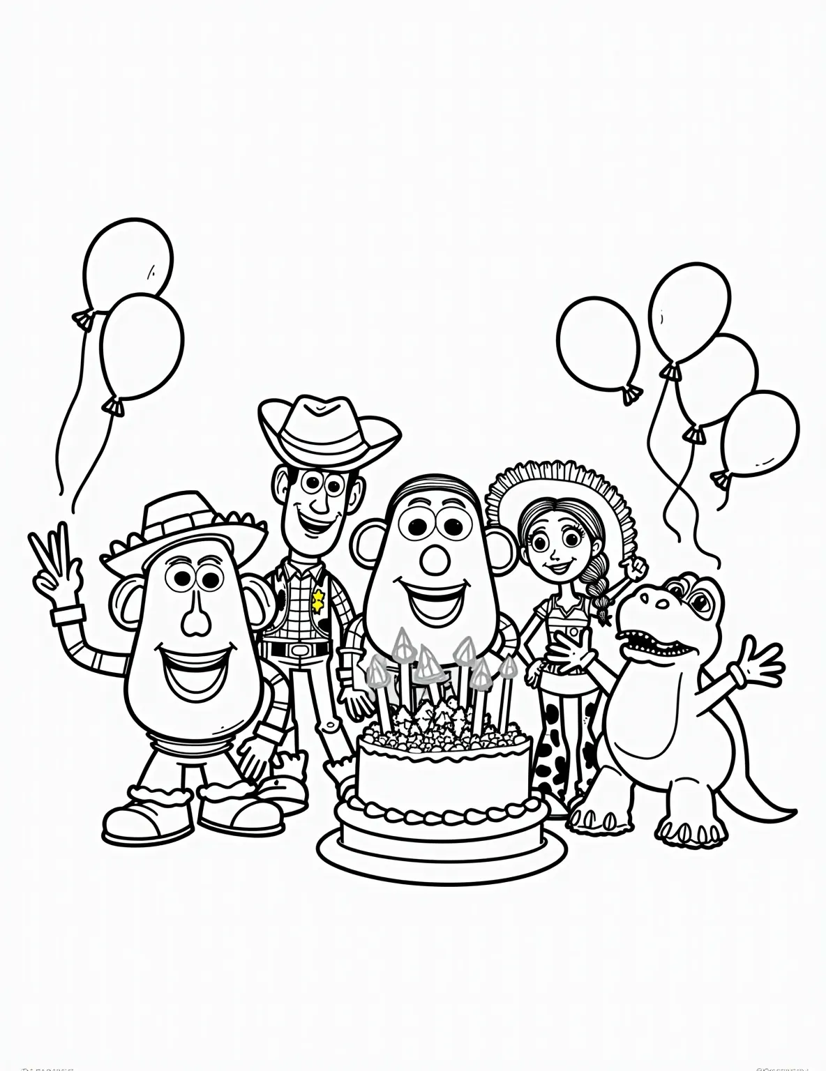 Mr. Potato Head's Costume Party -- prompt: "black lines only Coloring page featuring Mr. Potato Head toys as Toy Story characters at a party. Bold outlines showcase Woody's cowboy hat, Buzz's spacesuit, Jessie's braids, and Rex's tiny arms. Balloons and streamers frame the scene. Simple patterns adorn costumes, perfect for coloring fun. flat black lines, premium coloring page, coloring sheet, line drawing, Coloring Book, NO COLOR, NO SHADING, WHITE BACKGROUND. NO GRAY, BLACK AND WHITE, NO COLOR" -- Get ready for some spud-tacular fun with Mr. Potato Head's costume extravaganza! This hilarious coloring page features multiple Mr. Potato Heads dressed up as other Toy Story characters. From a Buzz Lightyear potato to a Rex potato, this page offers endless opportunities for creative coloring and giggles.