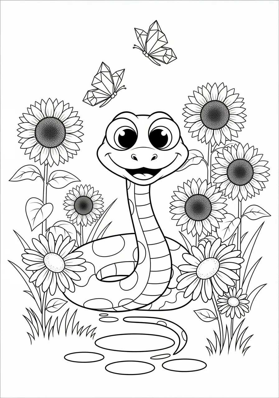 Slithering Snake's Spiral Sanctuary Coloring Page -- prompt: "black lines only Cheerful cartoon snake with large friendly eyes gracefully curves through blooming garden, surrounded by bold-outlined daisies, sunflowers, smooth river rocks, and dancing butterflies with geometric wing patterns, perfect black line art for coloring book pages flat black lines, premium coloring page, coloring sheet, line drawing, Coloring Book, NO COLOR, NO SHADING, WHITE BACKGROUND. NO GRAY, BLACK AND WHITE, NO COLOR" -- Explore the letter S with this fascinating snake coloring page that's sure to captivate young learners! The snake's natural S-curve winds through a peaceful garden setting filled with flowers and rocks. This educational page helps children overcome fears while learning about these important creatures and the letter S.