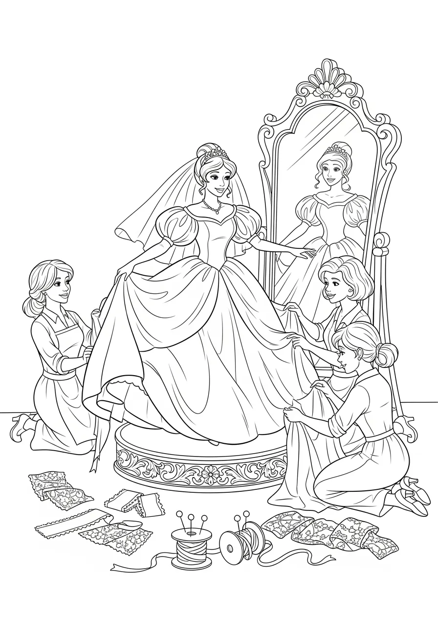 Princess Royal Wedding Dress Fitting Coloring Page -- prompt: "black lines only Cheerful princess stands on circular platform wearing flowing wedding gown with puffy sleeves, three smiling seamstresses adjust hem and train, ornate mirror reflects scene, scattered fabric swatches, measuring tape, pin cushions, coloring book style line art flat black lines, premium coloring page, coloring sheet, line drawing, Coloring Book, NO COLOR, NO SHADING, WHITE BACKGROUND. NO GRAY, BLACK AND WHITE, NO COLOR" -- This special coloring page shows a princess trying on her elaborate wedding gown with the help of her loyal seamstresses. Flowing fabric, intricate beadwork, and delicate lace create a gown fit for a fairy tale wedding. Mirrors and sewing supplies complete this behind-the-scenes moment.