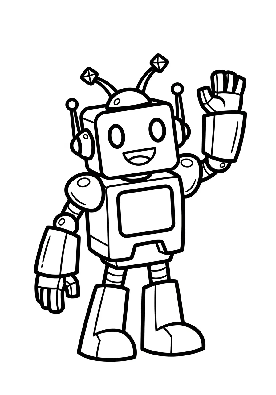 Shape Robot Adventure Coloring Page -- prompt: "black lines only Cheerful geometric robot character with square torso, circular joints, triangular antenna ears, rectangular limbs, bold black outlines, simple clean lines, child-friendly design, standing pose with waving hand, perfect for coloring book pages, educational STEM theme flat black lines, premium coloring page, coloring sheet, line drawing, Coloring Book, NO COLOR, NO SHADING, WHITE BACKGROUND. NO GRAY, BLACK AND WHITE, NO COLOR" -- Meet your new robotic friend made entirely of colorful shapes! This friendly robot is constructed from squares, rectangles, circles, and triangles, making it perfect for shape recognition. Kids will love bringing this mechanical buddy to life with their favorite colors.