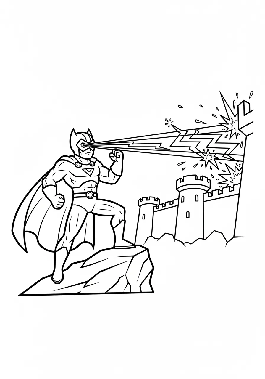 Laser Vision Hero Cutting Through Metal Coloring Page -- prompt: "black lines only Cheerful superhero with cape flowing behind stands confidently, bright zigzag laser beams shooting from wide eyes toward thick metal wall, creating sparks and cut lines, bold black outlines, simple shapes, coloring book page flat black lines, premium coloring page, coloring sheet, line drawing, Coloring Book, NO COLOR, NO SHADING, WHITE BACKGROUND. NO GRAY, BLACK AND WHITE, NO COLOR" -- A focused superhero uses powerful laser vision to cut through a thick metal barrier, with bright beams shooting from their eyes. Sparks fly and metal glows red-hot where the laser beams make contact, creating exciting action details. The hero's determined expression and precise aim showcase the skill required to control such powerful eye beams.