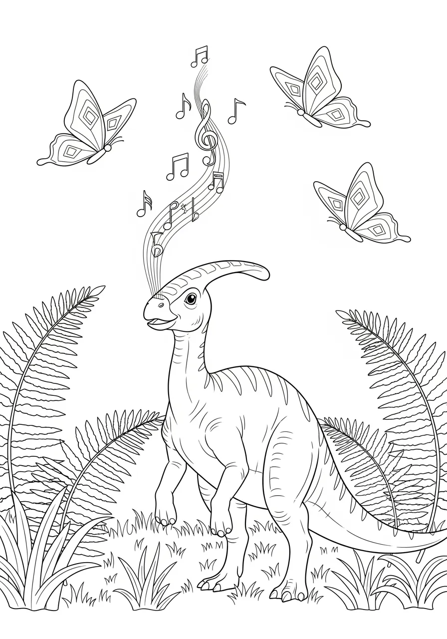 Colorful Parasaurolophus Music Maker Coloring Page -- prompt: "black lines only Fun coloring book page featuring cheerful Parasaurolophus with musical notes floating from its trumpet-like crest, surrounded by large prehistoric blooms, dancing butterflies with bold wing patterns, and simple line art perfect for crayons in sunny meadow setting flat black lines, premium coloring page, coloring sheet, line drawing, Coloring Book, NO COLOR, NO SHADING, WHITE BACKGROUND. NO GRAY, BLACK AND WHITE, NO COLOR" -- A musical Parasaurolophus uses its distinctive hollow crest to create prehistoric melodies while standing in a vibrant meadow of ancient flowers. The duck-billed dinosaur's expressive pose suggests it's enjoying its natural trumpet performance for other creatures nearby. This fun design combines education about dinosaur communication with creative coloring opportunities in a joyful woodland setting.
