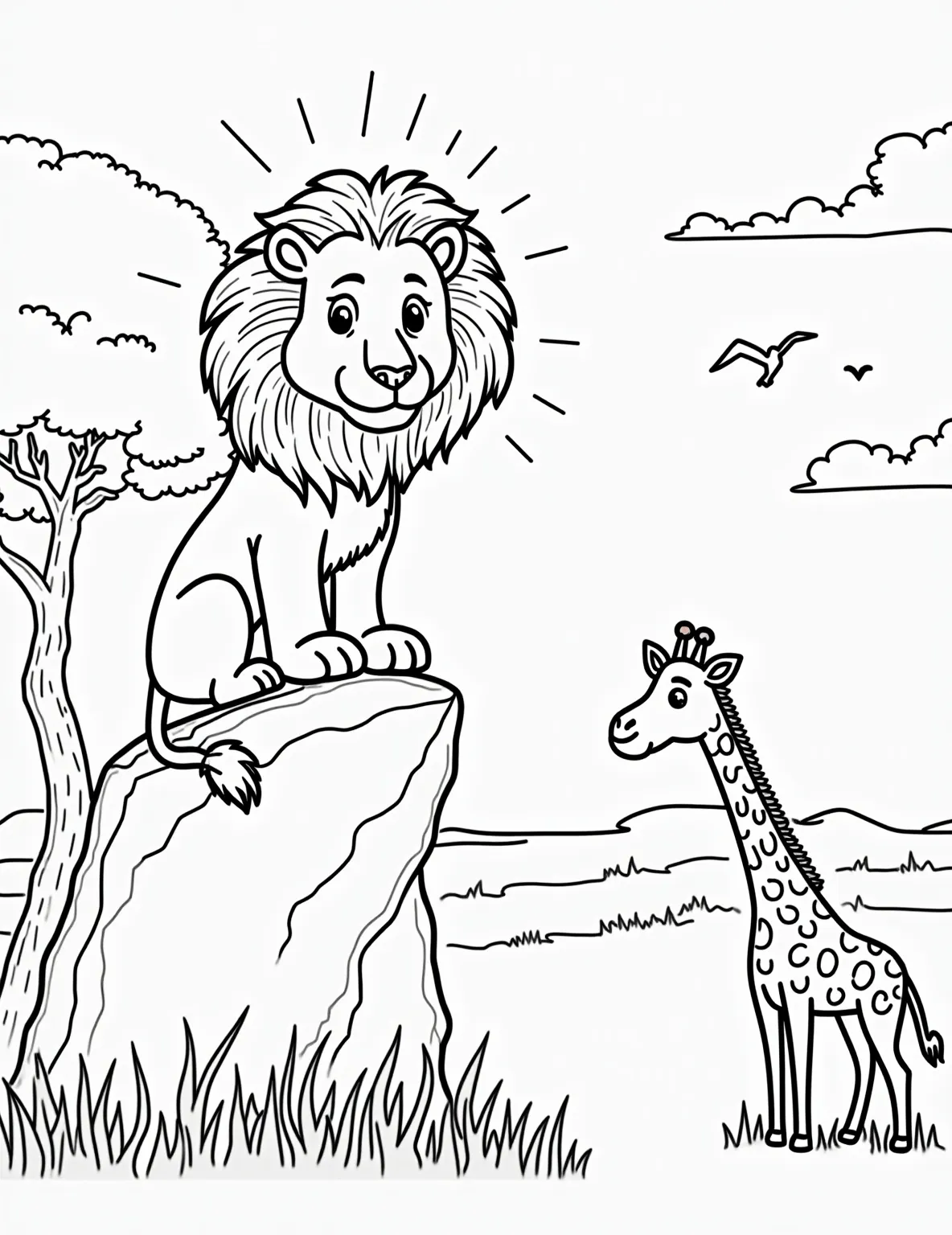 Majestic Lion King of the Savanna Coloring Page -- prompt: "black lines only Playful lion outline on rocky perch, mane swirls like sun rays. Savanna grasses, acacia trees, and giraffe silhouettes form simple shapes below. Sunset sky gradient with birds in V-formation. Bold black lines define coloring areas. Child-friendly African scene for creative coloring fun. flat black lines, premium coloring page, coloring sheet, line drawing, Coloring Book, NO COLOR, NO SHADING, WHITE BACKGROUND. NO GRAY, BLACK AND WHITE, NO COLOR" -- Unleash your creativity with this regal lion coloring page. The intricate mane and powerful stance capture the essence of the king of the jungle. Perfect for animal enthusiasts and those who love detailed coloring projects.