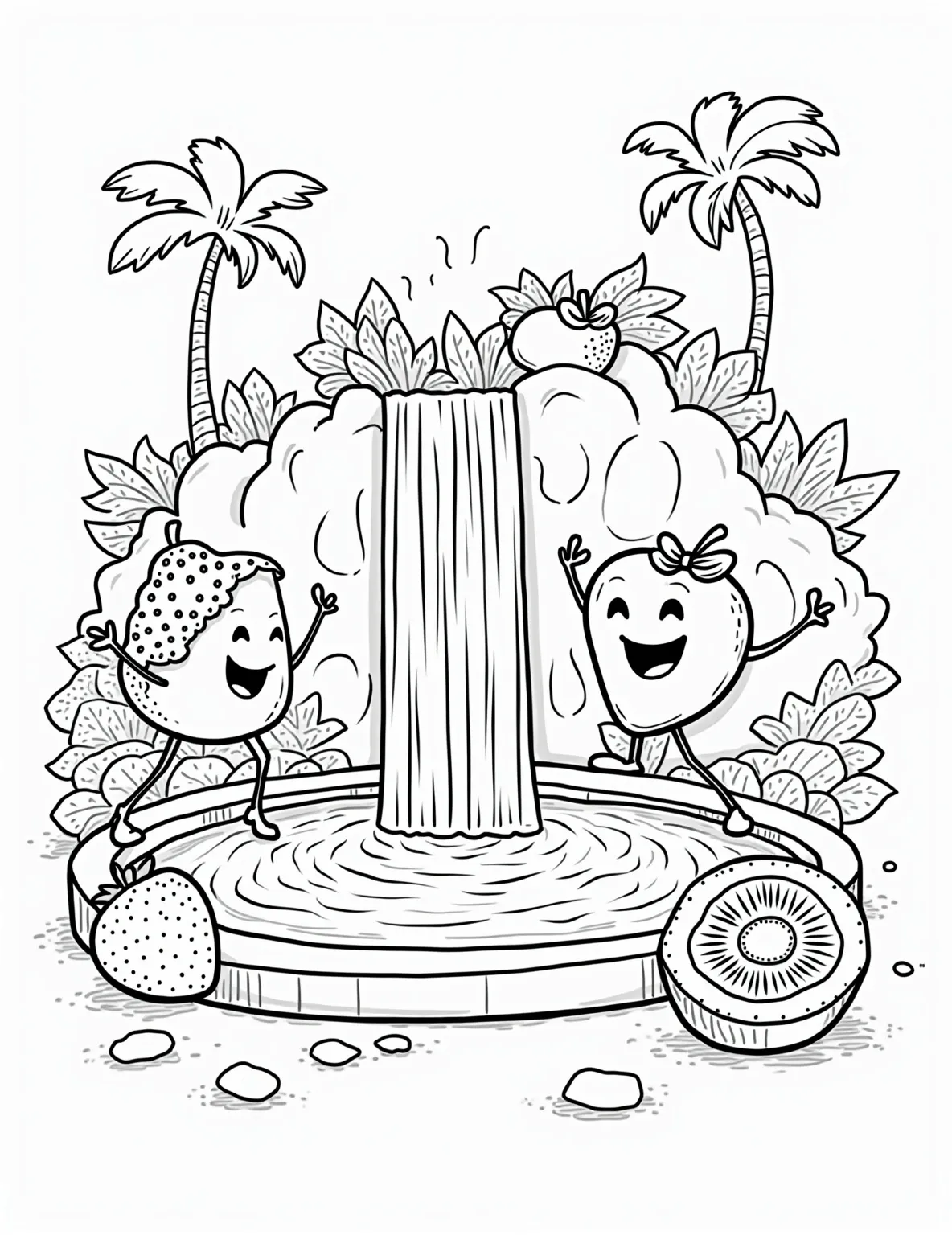 Fruit Juice Waterfall Coloring Page -- prompt: "black lines only Vibrant fruit juice waterfall cascading over bold outlines. Strawberry red, mango yellow, and blueberry purple streams splash into a kiwi-lined pool. Cheerful cartoon fruits with expressive faces surround the scene. Thick, clean lines perfect for coloring book fun. Tropical paradise awaits young artists' crayons. flat black lines, premium coloring page, coloring sheet, line drawing, Coloring Book, NO COLOR, NO SHADING, WHITE BACKGROUND. NO GRAY, BLACK AND WHITE, NO COLOR" -- Quench your thirst for creativity with our Fruit Juice Waterfall coloring page! This fantastical scene shows a cascading waterfall of different fruit juices, surrounded by the fruits they come from. It's a vibrant and refreshing coloring adventure that celebrates the natural colors of fruits.