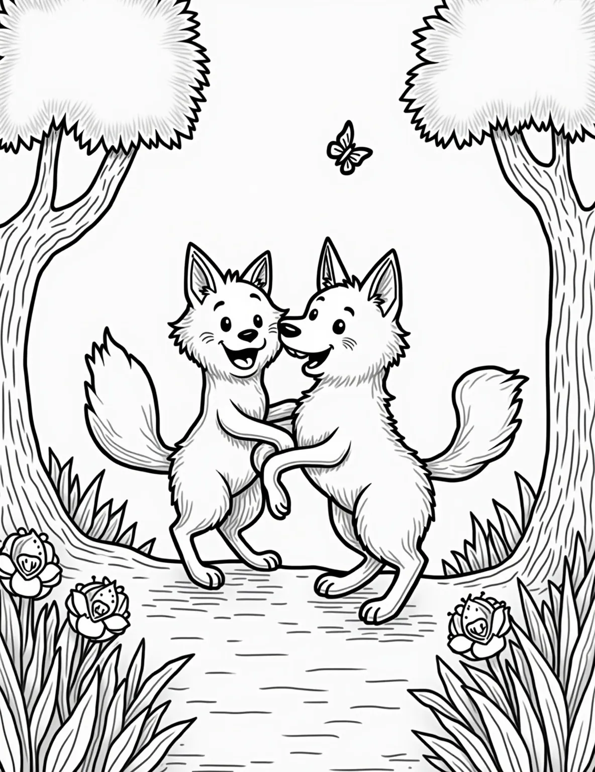 Fox and Hound Best Friends -- prompt: "black lines only Playful fox and hound frolic in forest glade, outlined in bold black strokes. Simple shapes form trees, flowers, butterflies. Large, empty spaces invite coloring. Cheerful expressions on animals' faces. Dashed lines indicate movement. Hidden forest creatures peek from behind vegetation. Coloring book page radiates friendship and joy. flat black lines, premium coloring page, coloring sheet, line drawing, Coloring Book, NO COLOR, NO SHADING, WHITE BACKGROUND. NO GRAY, BLACK AND WHITE, NO COLOR" -- Inspired by the classic Disney movie, this coloring page shows an unlikely friendship between a fox and a hound dog. The two animals are playing together, demonstrating that friendship can overcome natural differences. It's a great page for teaching about harmony and acceptance.