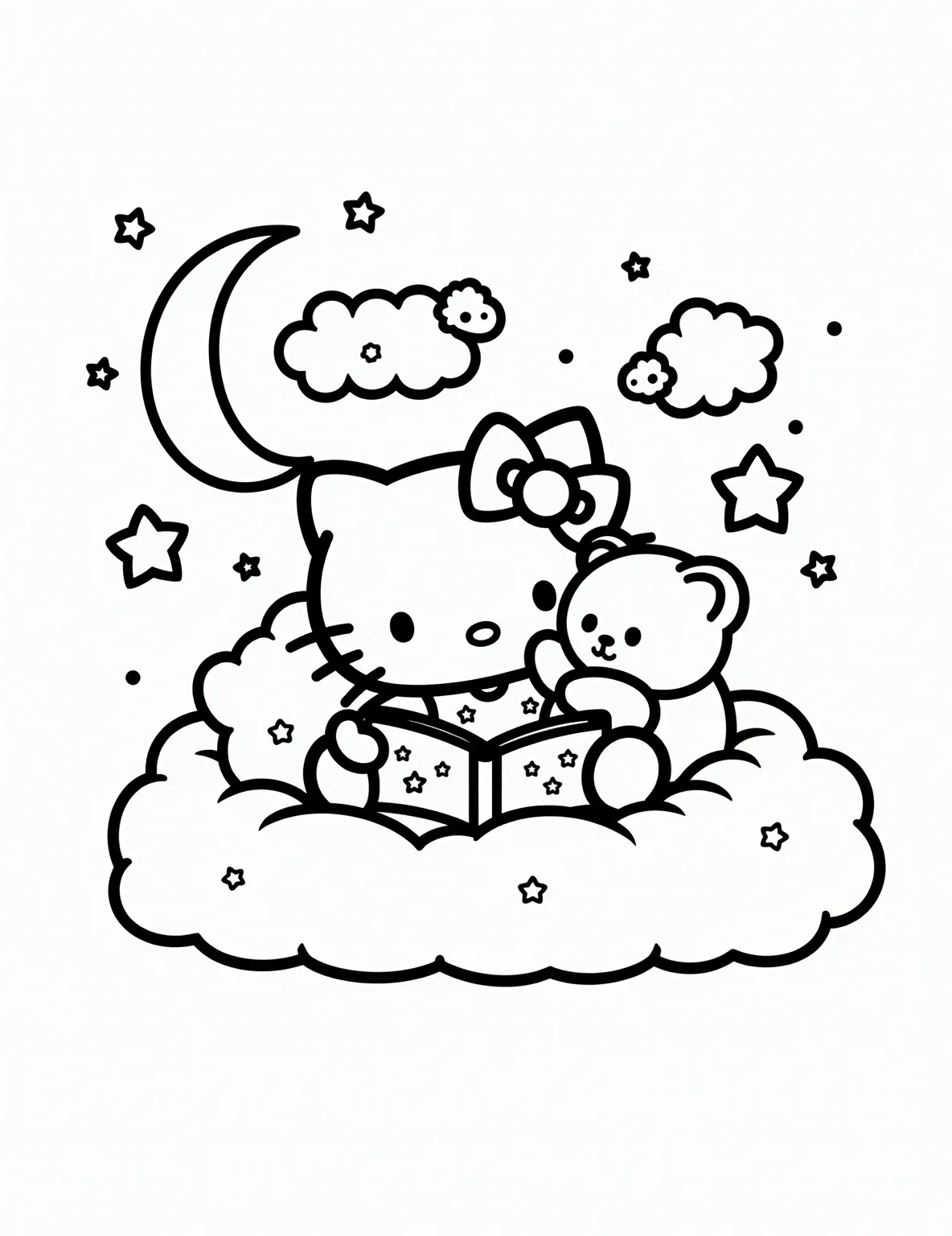 Hello Kitty's Bedtime Story -- prompt: "black lines only Hello Kitty, adorned in star-patterned pajamas, nestles on a cloud-shaped bed. She cradles a smiling teddy bear, reading a pop-up storybook. Her room features a crescent moon nightlight, floating sheep mobiles, and twinkling star decals. Bold outlines and simple shapes perfect for coloring. flat black lines, premium coloring page, coloring sheet, line drawing, Coloring Book, NO COLOR, NO SHADING, WHITE BACKGROUND. NO GRAY, BLACK AND WHITE, NO COLOR" -- This cozy coloring page depicts Hello Kitty getting ready for bed. She's in her pajamas, sitting on her bed with a teddy bear, reading a bedtime story. The room is filled with cute details like a night lamp, stars on the wallpaper, and a sleepy moon peeking through the window.