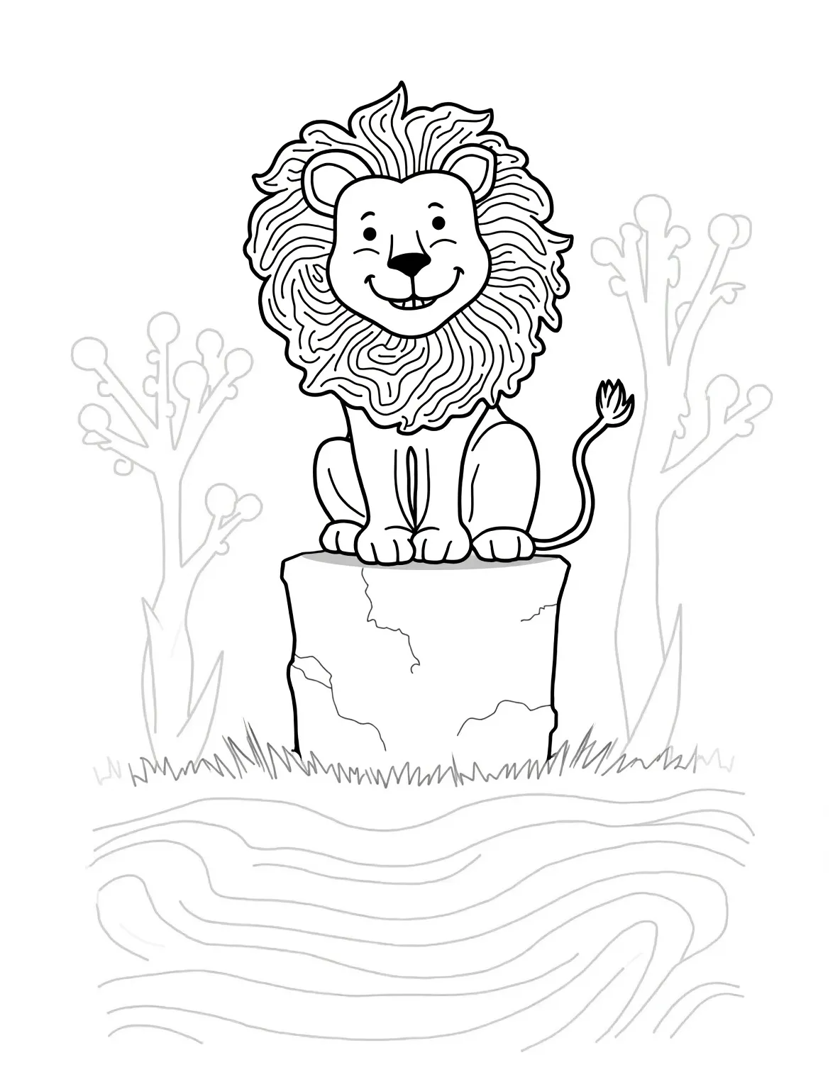 Majestic Lion King of the Savanna Coloring Page -- prompt: "black lines only Bold black outlines define a playful lion king, mane swirling like a maze, perched atop a chunky rock formation. Simplified acacia trees dot the background, their branches creating fun patterns. Savanna grasses form wavy lines, inviting colorful imagination to bring the scene to life. This delightful coloring page flat black lines, premium coloring page, coloring sheet, line drawing, Coloring Book, NO COLOR, NO SHADING, WHITE BACKGROUND. NO GRAY, BLACK AND WHITE, NO COLOR" -- Introduce children to the king of the jungle with this regal lion coloring page. The lion's impressive mane and proud stance capture the essence of this magnificent creature. This page offers an opportunity to discuss wildlife conservation and the importance of preserving natural habitats.