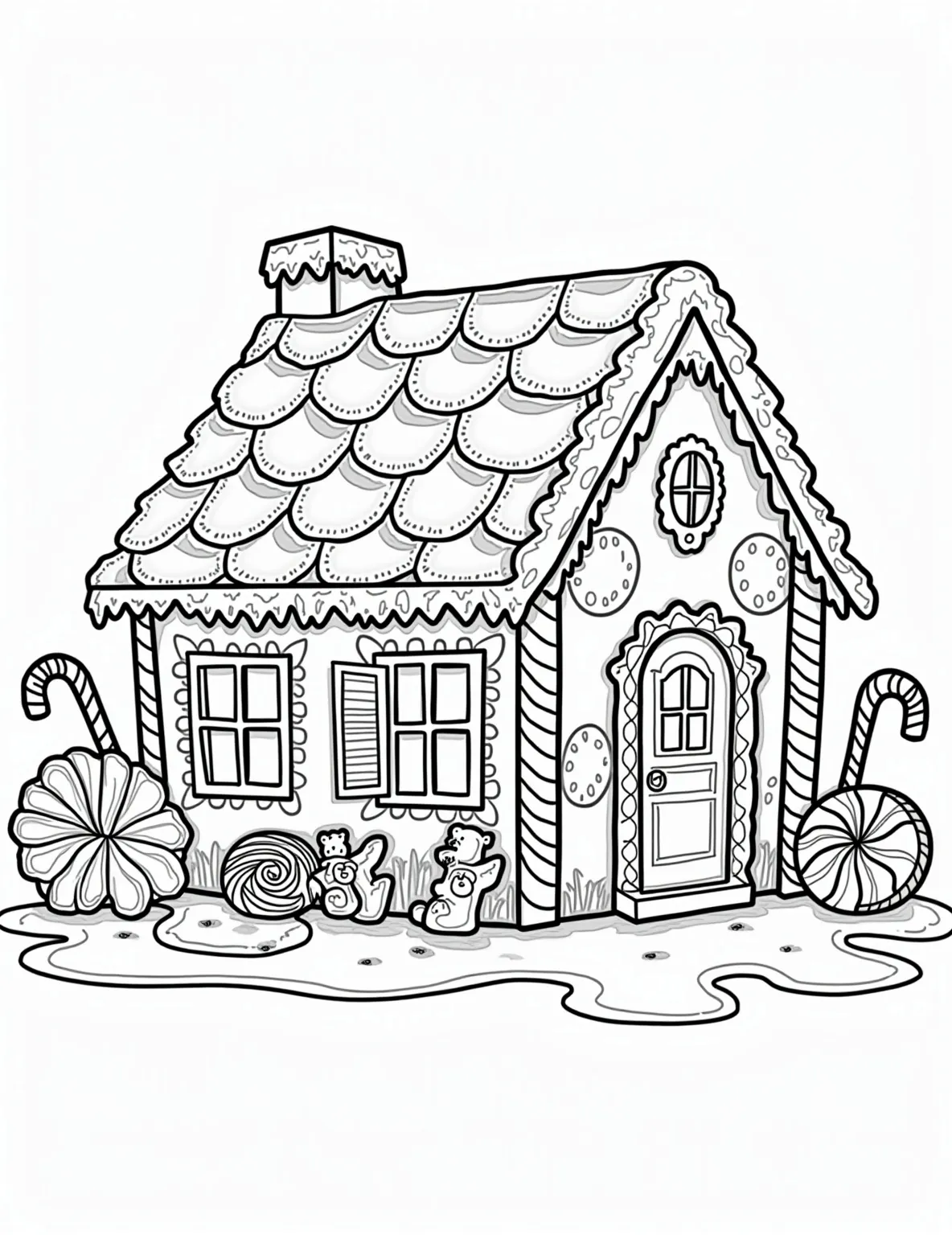 Gingerbread House Decorating Coloring Page -- prompt: "black lines only Outline of giant gingerbread house with scalloped roof tiles, candy cane pillars, and gumdrop-lined windows. Surrounding it, sketched candies, icing tubes, and sprinkles await. Bold, simple lines perfect for coloring. Cheerful holiday scene radiates warmth and creativity. flat black lines, premium coloring page, coloring sheet, line drawing, Coloring Book, NO COLOR, NO SHADING, WHITE BACKGROUND. NO GRAY, BLACK AND WHITE, NO COLOR" -- Indulge your sweet tooth with this delightful gingerbread house coloring page. The image shows a detailed gingerbread house waiting to be decorated with candies, icing, and other sweet embellishments. This page is perfect for children and adults who love the creative process of holiday baking and decorating.