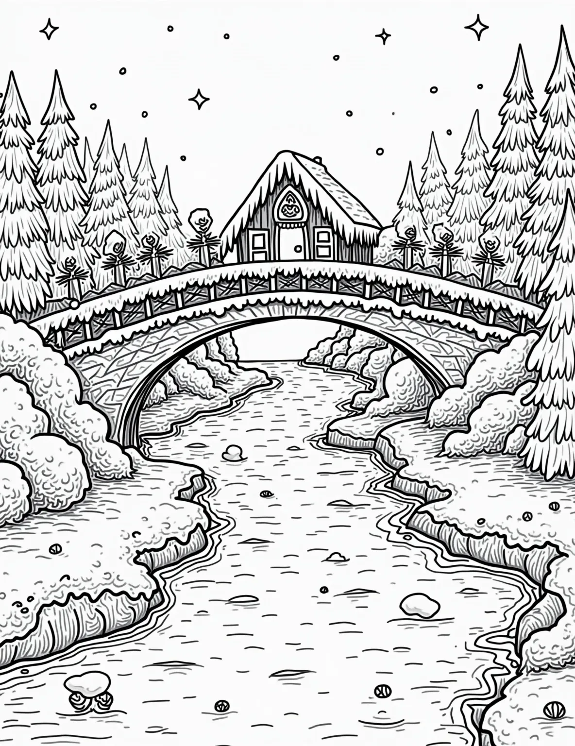 Gingerbread Covered Bridge -- prompt: "black lines only Festive gingerbread bridge spans icing river in coloring book style. Sleighs glide on frosted paths. Candy cane trees line banks. Swirling snowflakes and gumdrop accents dot scene. Bold outlines define whimsical shapes, inviting colorful imagination. Joyful holiday spirit radiates throughout flat black lines, premium coloring page, coloring sheet, line drawing, Coloring Book, NO COLOR, NO SHADING, WHITE BACKGROUND. NO GRAY, BLACK AND WHITE, NO COLOR" -- This picturesque coloring page features a charming gingerbread covered bridge. The structure spans a river of blue icing, with sugar crystal icicles hanging from its eaves. Gingerbread horse-drawn sleighs cross the bridge, while candy cane trees line the snowy banks. It's a scene straight out of a winter wonderland!