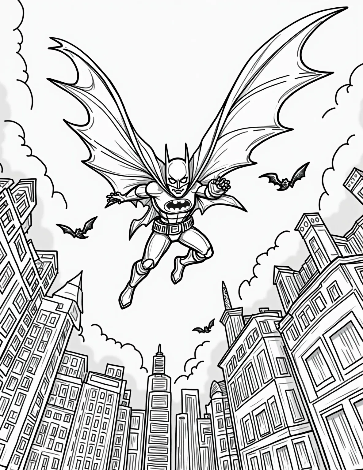 Batman's Grappling Hook in Action Coloring Page -- prompt: "black lines only Bold black outlines frame Batman's dynamic silhouette, cape billowing dramatically. Gotham's skyline forms a maze of geometric shapes. Grappling hook's rope zigzags across the page. Empty spaces await vibrant colors. Bat-signal looms in night sky. Gargoyles perch on building corners. flat black lines, premium coloring page, coloring sheet, line drawing, Coloring Book, NO COLOR, NO SHADING, WHITE BACKGROUND. NO GRAY, BLACK AND WHITE, NO COLOR" -- See one of Batman's most iconic tools in action with this grappling hook coloring page. The Dark Knight is shown mid-swing, the grappling line taut as he navigates Gotham's skyline. This dynamic page is great for those who love capturing movement in their coloring.