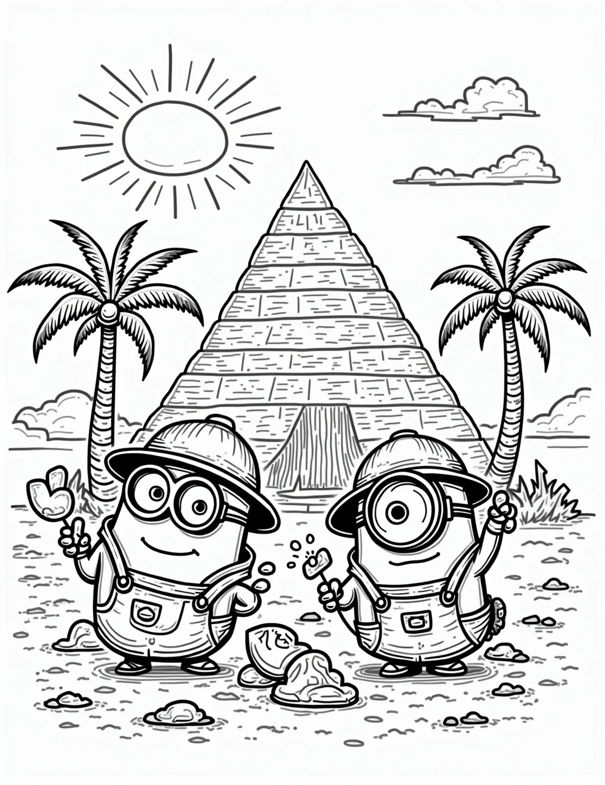 Minion Archeological Dig -- prompt: "black lines only Adorable Minions dig in a sun-baked desert, unearthing comical banana-shaped relics. Simple black outlines depict ancient ruins, palm trees, and excavation tools. Cheerful characters wear hard hats and hold magnifying glasses, surrounded by dotted patterns for sand texture. Coloring book style flat black lines, premium coloring page, coloring sheet, line drawing, Coloring Book, NO COLOR, NO SHADING, WHITE BACKGROUND. NO GRAY, BLACK AND WHITE, NO COLOR" -- Unearth ancient mysteries with this archeology-themed Minion coloring page! Our yellow explorers are on a dig, uncovering banana-shaped artifacts and comically misinterpreting ancient writings. This detailed scene is great for adults who love history and enjoy a touch of humor in their coloring projects.