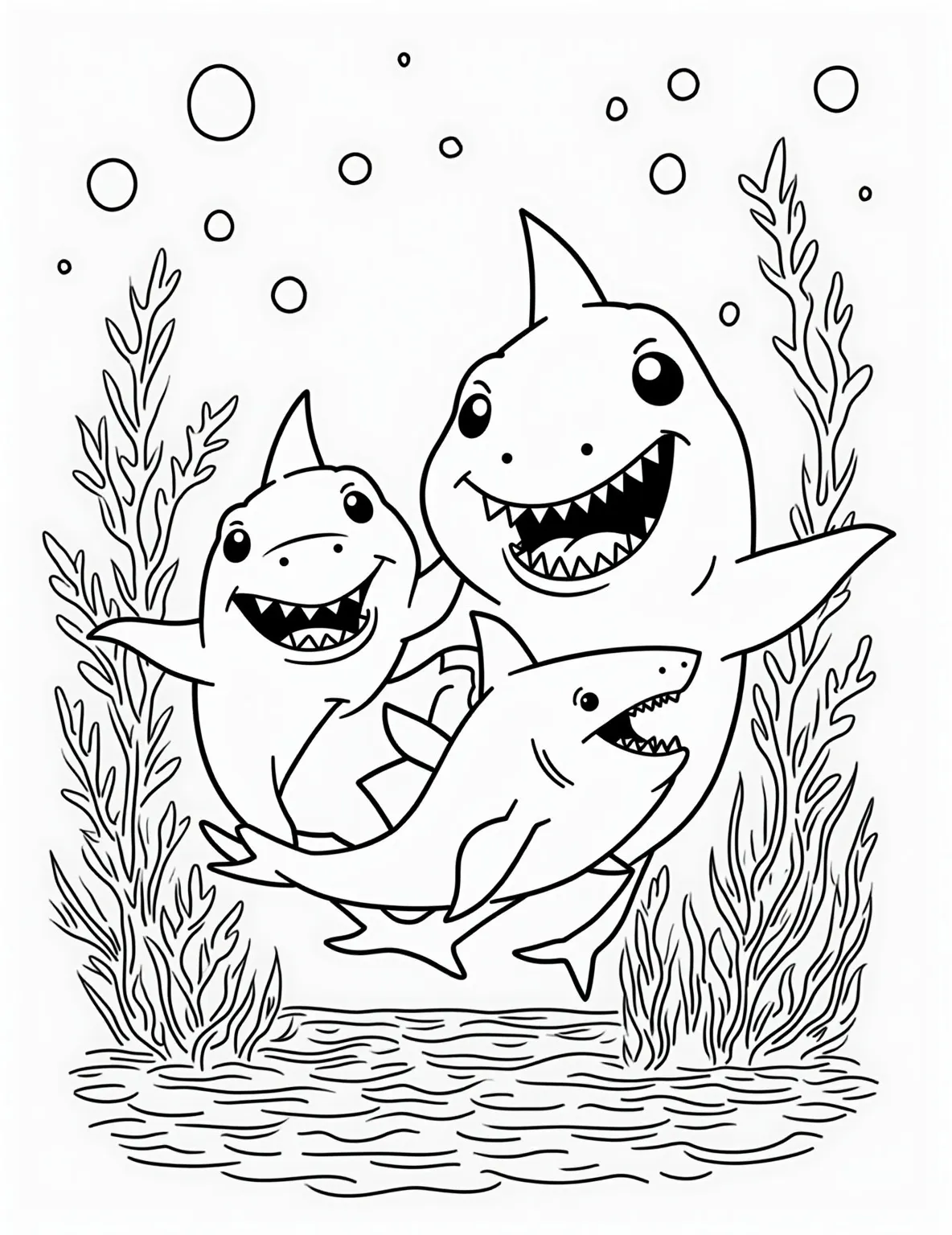 Shark Family Portrait -- prompt: "black lines only Playful coloring page featuring diverse shark species arranged in family photo pose. Bold outlines showcase great white, hammerhead, and tiny dwarf lanternshark. Cheerful expressions, patterned backgrounds, and ocean-themed decorative elements. Perfect for shark enthusiasts and creative colorists. Fin-tastic fun for all ages! flat black lines, premium coloring page, coloring sheet, line drawing, Coloring Book, NO COLOR, NO SHADING, WHITE BACKGROUND. NO GRAY, BLACK AND WHITE, NO COLOR" -- Meet the whole shark family in this heartwarming shark family portrait coloring page. Different species of sharks are gathered together, showcasing the diversity of the shark world. It's a delightful page for those who love to color multiple characters in one scene.