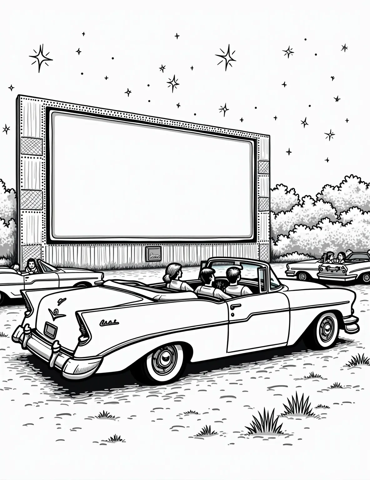 Romantic Drive-In Movie Scene -- prompt: "black lines only Chunky outlines frame a nostalgic scene: '50s convertible, fins gleaming, at drive-in. Stylized big screen flickers. Simplified cars dot background. Couples snuggle, popcorn overflows. Stars twinkle above. Empty spaces await coloring. Retro signage beckons. Fun, bold patterns everywhere. flat black lines, premium coloring page, coloring sheet, line drawing, Coloring Book, NO COLOR, NO SHADING, WHITE BACKGROUND. NO GRAY, BLACK AND WHITE, NO COLOR" -- Relive the nostalgia of drive-in movies with this charming scene. Featuring a classic car at a drive-in theater, this coloring page captures a perfect date night from yesteryear. It's ideal for romantics and those who appreciate the golden age of cinema and cars.