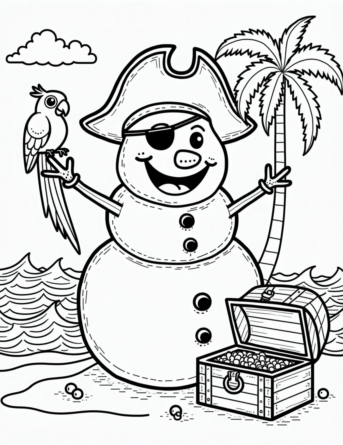 Snowman Pirate Adventure Coloring Page -- prompt: "black lines only Jolly snowman pirate captain, bold black outlines, cheerful expression. Eye patch, tricorn hat, carrot nose. Colorful parrot perched on snowy shoulder. Treasure chest brimming with gems. Palm tree backdrop. Playful waves and sand. Perfect for coloring fun! flat black lines, premium coloring page, coloring sheet, line drawing, Coloring Book, NO COLOR, NO SHADING, WHITE BACKGROUND. NO GRAY, BLACK AND WHITE, NO COLOR" -- Ahoy, matey! This exciting coloring page features a snowman pirate ready for a frosty adventure. Complete with an eye patch, pirate hat, and trusty parrot, this snowy buccaneer is ready to sail the seven seas... or at least the local pond!