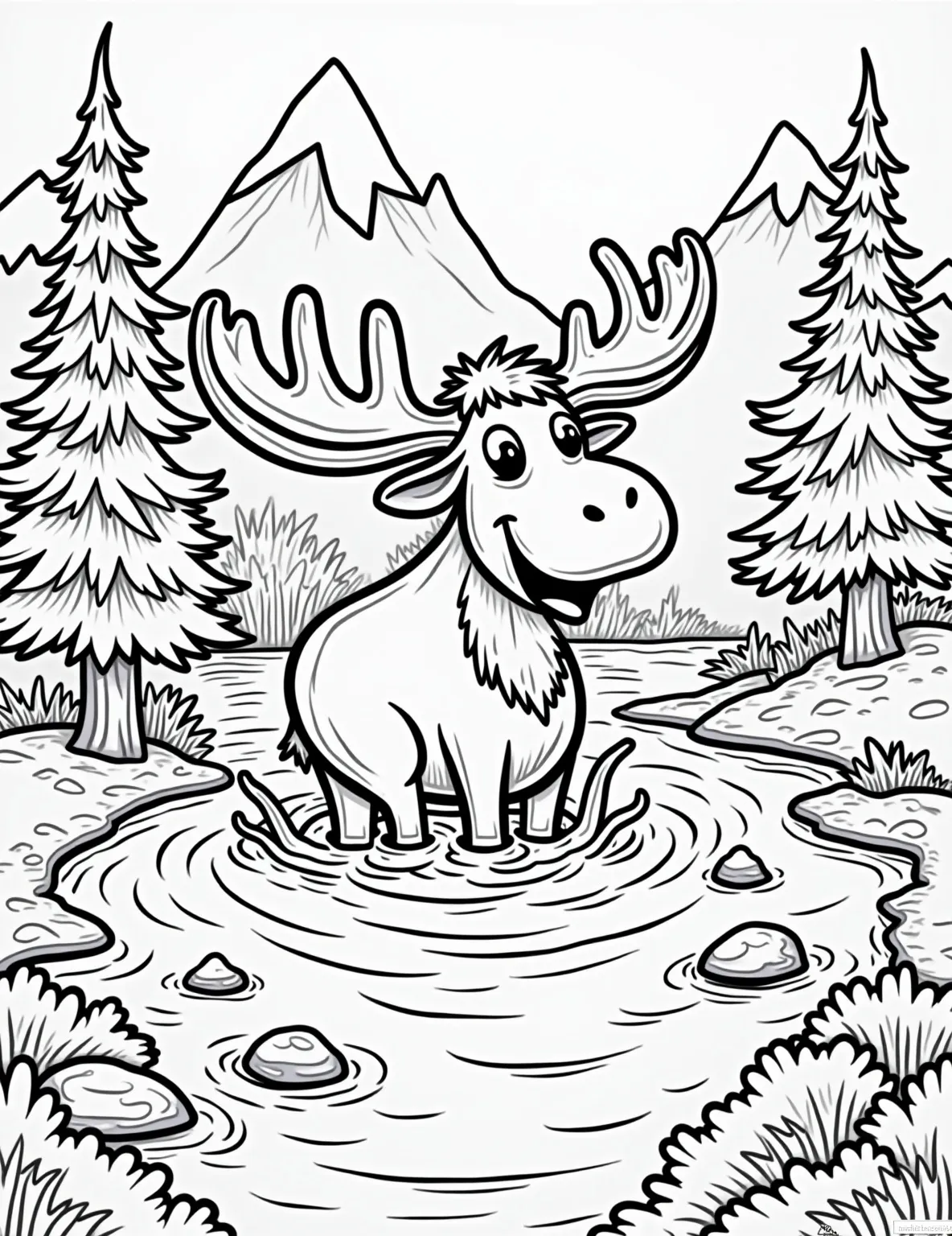 Mighty Moose in Mountain Stream Coloring Page -- prompt: "black lines only Playful coloring page design: Majestic bull moose with exaggerated antlers stands mid-stream. Simplified pine trees frame the scene. Stylized mountains with bold outlines and snowcaps. Chunky river rocks and wavy water lines. Thick black borders for easy coloring. Fun, oversized forest creatures peek from behind trees. flat black lines, premium coloring page, coloring sheet, line drawing, Coloring Book, NO COLOR, NO SHADING, WHITE BACKGROUND. NO GRAY, BLACK AND WHITE, NO COLOR" -- Trek into the wilderness with this majestic moose coloring page. The powerful animal standing in a rushing mountain stream embodies the rugged beauty of North American wildlife. Perfect for those who love large mammals and scenic nature coloring pages.