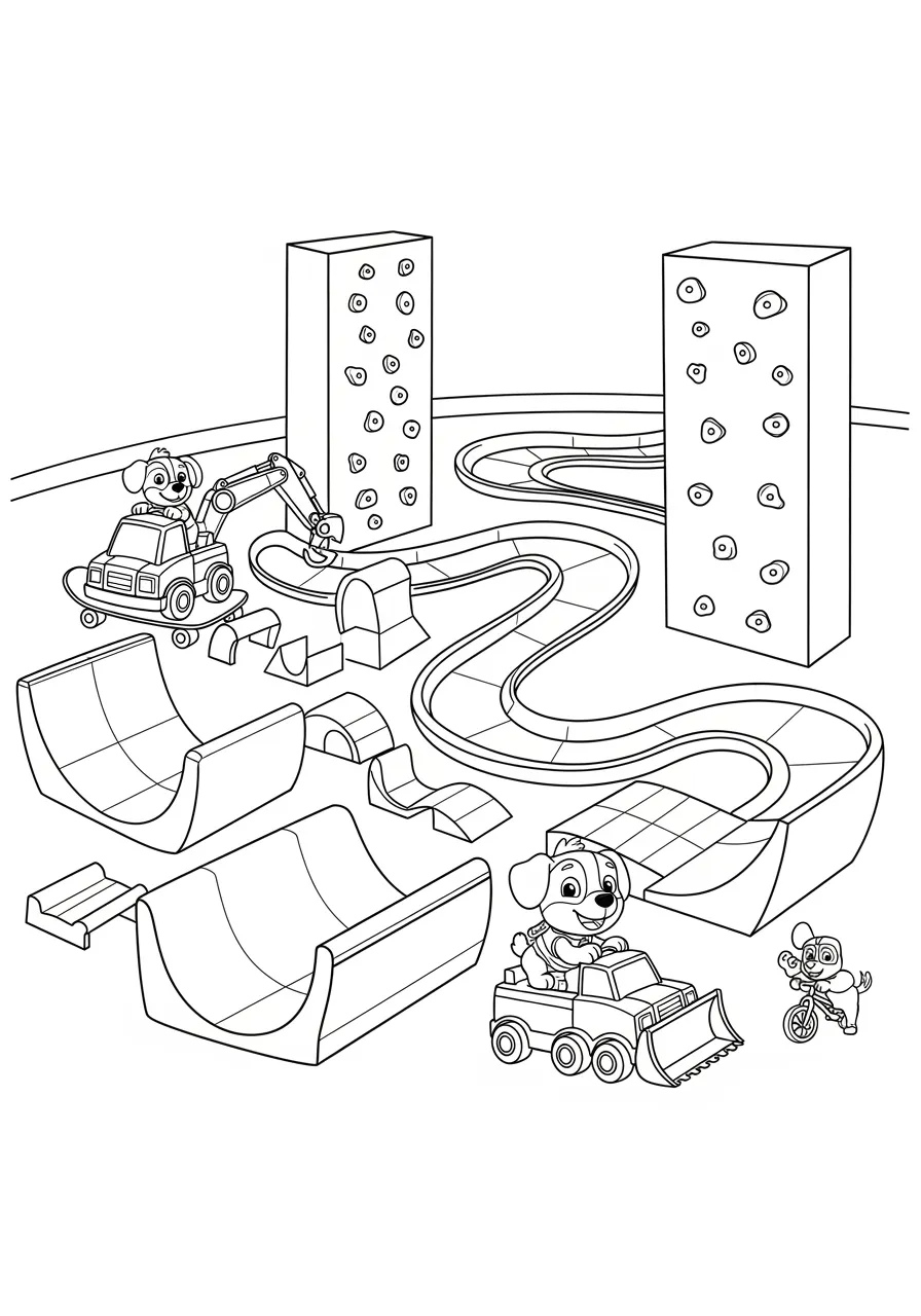 Rubble's Extreme Sports Construction Challenge Coloring Page -- prompt: "black lines only Rubble operating bulldozer and crane constructing massive skateboard halfpipes, winding BMX dirt tracks with jumps, towering rock climbing walls with handholds, fun coloring book style with bold black outlines, simple shapes, cheerful expression flat black lines, premium coloring page, coloring sheet, line drawing, Coloring Book, NO COLOR, NO SHADING, WHITE BACKGROUND. NO GRAY, BLACK AND WHITE, NO COLOR" -- Watch Rubble combine his construction skills with extreme sports in this high-energy coloring page! The scene shows Rubble building skateboard ramps, BMX bike courses, and rock climbing walls using his construction equipment. This action-packed page appeals to young extreme sports enthusiasts and showcases Rubble's versatile building abilities.