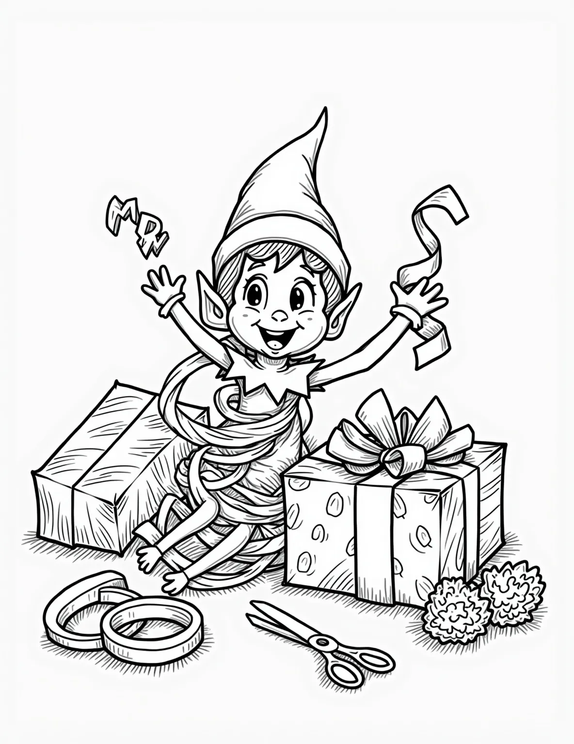 Elf's Gift Wrapping Mayhem -- prompt: "black lines only Mischievous Elf on the Shelf character entangled in curly ribbons and crinkled wrapping paper. Large, oddly-shaped present nearby. Scattered scissors, tape, and bows. Comical expressions and exaggerated poses. Bold outlines, simple shapes. Empty spaces for coloring. Festive, playful scene. flat black lines, premium coloring page, coloring sheet, line drawing, Coloring Book, NO COLOR, NO SHADING, WHITE BACKGROUND. NO GRAY, BLACK AND WHITE, NO COLOR" -- Chaos ensues in Santa's workshop in this hilarious coloring page. Our Elf on the Shelf is tangled in ribbons and wrapping paper, attempting to wrap an enormous present. Scattered around are scissors, tape, and bows, creating a scene of festive disarray that's sure to bring smiles.