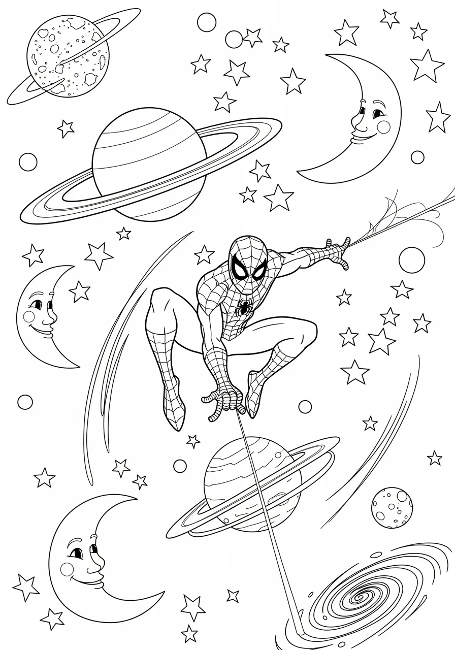 Spiderman Space Adventure Coloring Page -- prompt: "black lines only Spiderman gracefully floating through cosmic space, surrounded by Saturn's rings, crescent moons, twinkling stars, and swirling galaxies, fun coloring book style with bold black outlines, simple shapes, cheerful adventure atmosphere perfect for children's creativity flat black lines, premium coloring page, coloring sheet, line drawing, Coloring Book, NO COLOR, NO SHADING, WHITE BACKGROUND. NO GRAY, BLACK AND WHITE, NO COLOR" -- This imaginative space adventure takes Spiderman beyond Earth's atmosphere for an exciting cosmic coloring experience among planets, stars, and galaxies. The otherworldly setting sparks creativity and imagination while providing opportunities to explore space themes and astronomical concepts. Young artists will love dreaming up their own intergalactic superhero adventures while bringing this stellar scene to life.