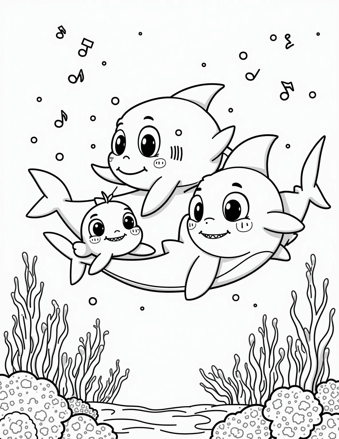 Baby Shark Family Sing-Along -- prompt: "black lines only Playful cartoon baby sharks, mommy shark, and daddy shark swim in bubbly ocean waves. Musical notes float around their smiling faces. Bold outlines perfect for coloring. Seaweed, coral, and fish friends dot the background. Family-friendly scene encourages creativity and singing along. flat black lines, premium coloring page, coloring sheet, line drawing, Coloring Book, NO COLOR, NO SHADING, WHITE BACKGROUND. NO GRAY, BLACK AND WHITE, NO COLOR" -- Get ready to sing and color with this adorable baby shark family coloring page. Inspired by the famous song, this sheet features the whole shark family swimming together. It's a perfect choice for toddlers and young children who love the catchy tune.