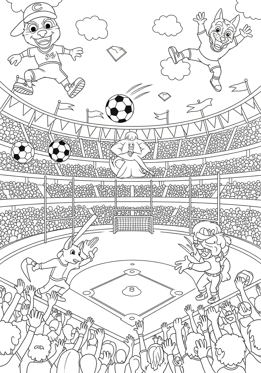 Shape Sports Stadium Spectacular Coloring Page -- prompt: "black lines only Cheerful sports stadium coloring page featuring bold black outlines, smiling cartoon mascots cheering from bleachers, oversized soccer balls, football goal posts, triangular pennant banners fluttering overhead, diamond baseball bases, and excited fans with foam fingers creating joyful energy. flat black lines, premium coloring page, coloring sheet, line drawing, Coloring Book, NO COLOR, NO SHADING, WHITE BACKGROUND. NO GRAY, BLACK AND WHITE, NO COLOR" -- Game day gets geometric in this action-packed sports scene! The stadium and equipment are all constructed from basic shapes, featuring rectangular goal posts, circular soccer balls, and triangular pennant flags. Young sports fans will enjoy bringing this geometric game day to life with their team colors.