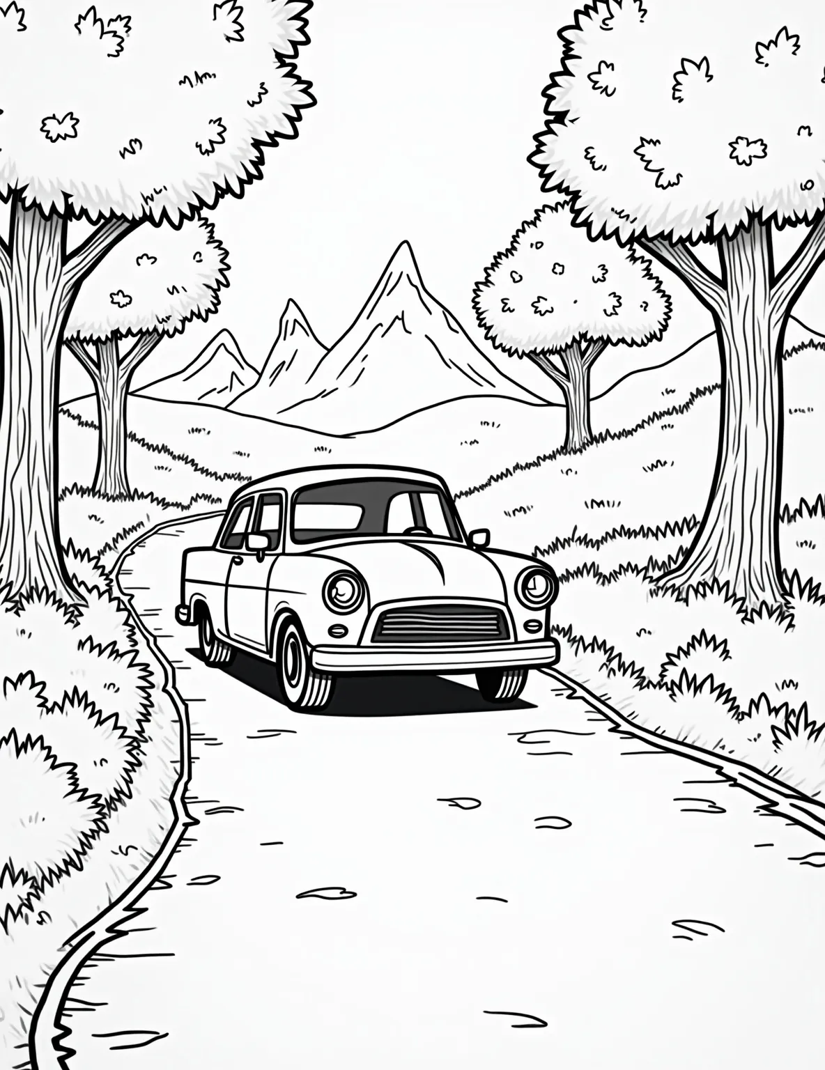 Fall Foliage Scenic Drive Coloring Page -- prompt: "black lines only Retro automobile navigates curvy forest path, bold outlines define autumn foliage. Simplistic mountain silhouettes frame background. Thick lines separate elements, inviting coloration. Nostalgic scene balances detail and simplicity, perfect for relaxing artistic expression. Leaves flutter, car gleams flat black lines, premium coloring page, coloring sheet, line drawing, Coloring Book, NO COLOR, NO SHADING, WHITE BACKGROUND. NO GRAY, BLACK AND WHITE, NO COLOR" -- Take a virtual autumn road trip with this scenic coloring page. The illustration shows a winding road through a forest of colorful fall trees, with a classic car driving through. This page allows for beautiful fall color palettes and can lead to conversations about family trips and enjoying nature's beauty.