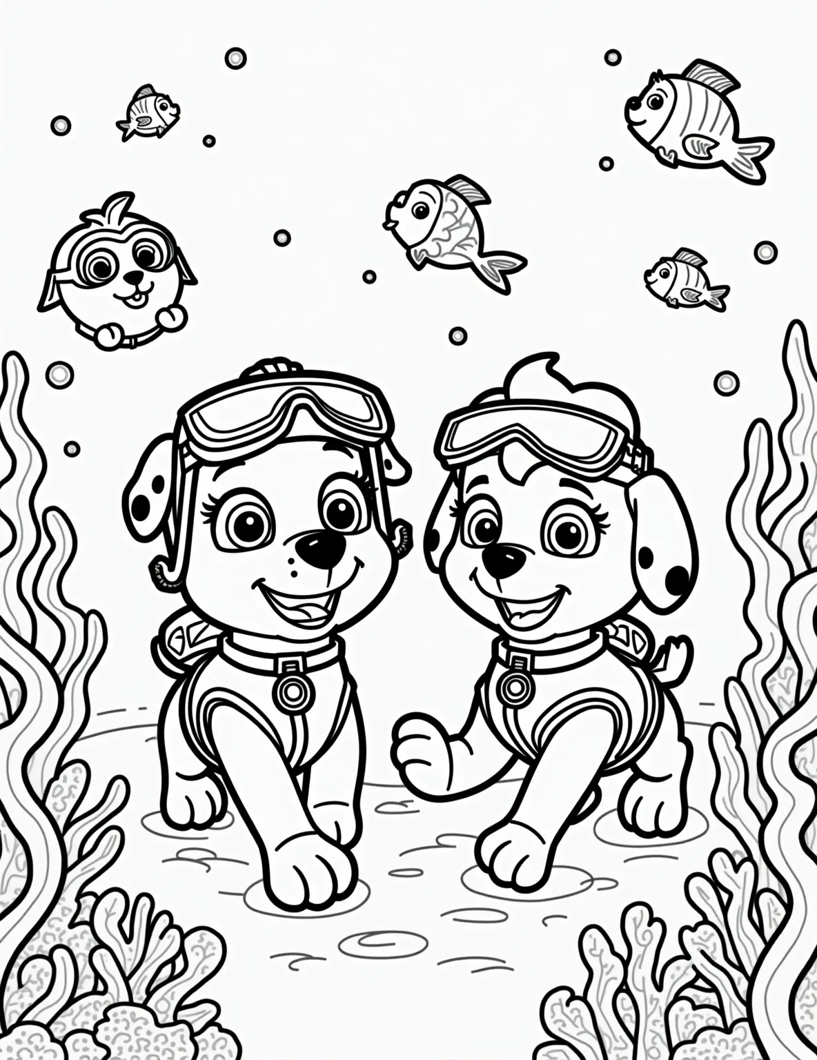 Paw Patrol Underwater Rescue Mission -- prompt: "black lines only Playful Paw Patrol pups in colorful scuba gear, outlined in bold black lines. Cheerful sea creatures with expressive faces tangled in swirling coral patterns. Bubbles and wavy lines indicate underwater scene. Simple shapes and patterns perfect for coloring. Friendly, adventurous atmosphere in an ocean playground. flat black lines, premium coloring page, coloring sheet, line drawing, Coloring Book, NO COLOR, NO SHADING, WHITE BACKGROUND. NO GRAY, BLACK AND WHITE, NO COLOR" -- Dive into an exciting underwater adventure with the Paw Patrol team! This coloring page features the pups in their scuba gear, working together to rescue sea creatures trapped in a coral reef. Children will love adding vibrant colors to the diverse marine life and the heroic pups as they demonstrate teamwork and bravery beneath the waves.