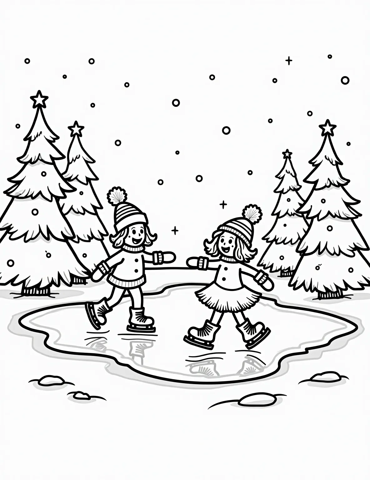 Winter Wonderland Ice Skating Coloring Page -- prompt: "black lines only Cheerful cartoon skaters glide across a frozen pond, surrounded by plump evergreens. Twinkling string lights drape branches. Bold outlines define simple shapes, inviting coloring. Snowflakes dance, empty spaces await vibrant hues. A charming winter scene ready for artistic expression. flat black lines, premium coloring page, coloring sheet, line drawing, Coloring Book, NO COLOR, NO SHADING, WHITE BACKGROUND. NO GRAY, BLACK AND WHITE, NO COLOR" -- Glide into the holiday season with this magical ice skating scene. The coloring page features people of all ages enjoying a frozen pond, surrounded by snow-covered trees and twinkling lights. It's a perfect representation of winter fun during the Christmas season.