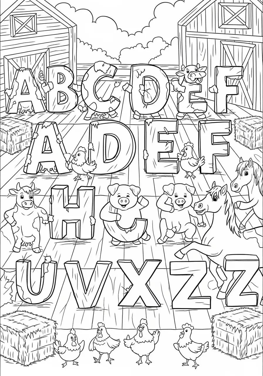 Friendly Farm Animals Alphabet Barn Dance Coloring Page -- prompt: "black lines only Cheerful farm animals square dancing in rustic wooden barn, forming bold alphabet letters with thick black outlines, smiling cows chickens pigs horses prancing together, hay bales scattered around, simple clean lines perfect for coloring book pages flat black lines, premium coloring page, coloring sheet, line drawing, Coloring Book, NO COLOR, NO SHADING, WHITE BACKGROUND. NO GRAY, BLACK AND WHITE, NO COLOR" -- Join the hoedown with this cheerful coloring page where farm animals square dance to form alphabet letters! Cows, pigs, chickens, and horses link arms and do-si-do in formations that spell out letters. This wholesome rural scene teaches the alphabet while celebrating farm life and community traditions, perfect for kids who love country living.