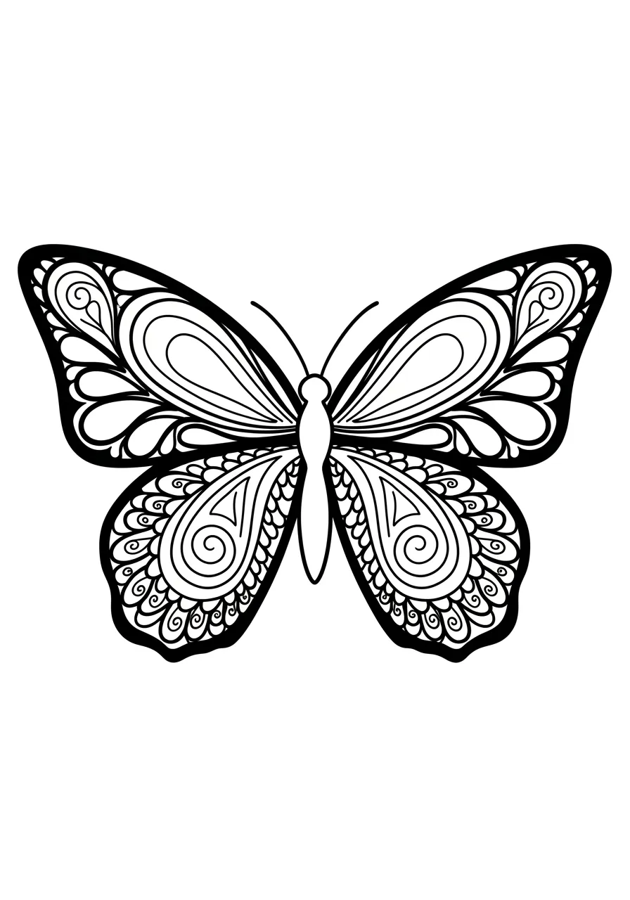 Intricate Butterfly Paisley Pattern Coloring Page -- prompt: "black lines only Bold black outline butterfly centered on white background, wings filled with large paisley teardrops and spiral swirls, thick clean lines perfect for coloring, cheerful educational activity design with empty spaces awaiting bright crayons and markers flat black lines, premium coloring page, coloring sheet, line drawing, Coloring Book, NO COLOR, NO SHADING, WHITE BACKGROUND. NO GRAY, BLACK AND WHITE, NO COLOR" -- This sophisticated adult coloring page transforms traditional paisley patterns into stunning butterfly wing designs, creating a mesmerizing fusion of cultural art and natural beauty. The repetitive, flowing patterns provide a meditative coloring experience while the intricate details challenge even experienced colorists. This unique design celebrates both the elegance of decorative arts and the grace of these beloved garden visitors.