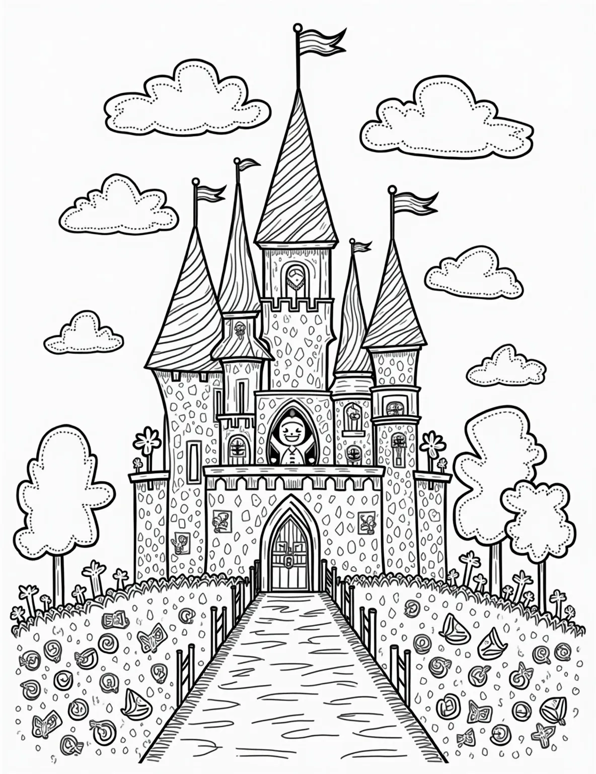 Candy Cane Castle Coloring Page -- prompt: "black lines only Enchanting candy castle coloring page bursting with sugary details. Spiraling peppermint towers, gingerbread drawbridge, and gumdrop gardens. Lollipop trees line chocolate paths. Marshmallow clouds float above. Jelly bean moat surrounds the confectionery fortress. Playful candy characters peek from windows. A sweet wonderland awaits coloring enthusiasts. flat black lines, premium coloring page, coloring sheet, line drawing, Coloring Book, NO COLOR, NO SHADING, WHITE BACKGROUND. NO GRAY, BLACK AND WHITE, NO COLOR" -- Step into a world of sweetness with our Candy Cane Castle coloring page! This magical fortress is constructed entirely of candy canes, lollipops, and other confections. It's a delightful fantasy scene that will satisfy any sweet tooth's coloring cravings.