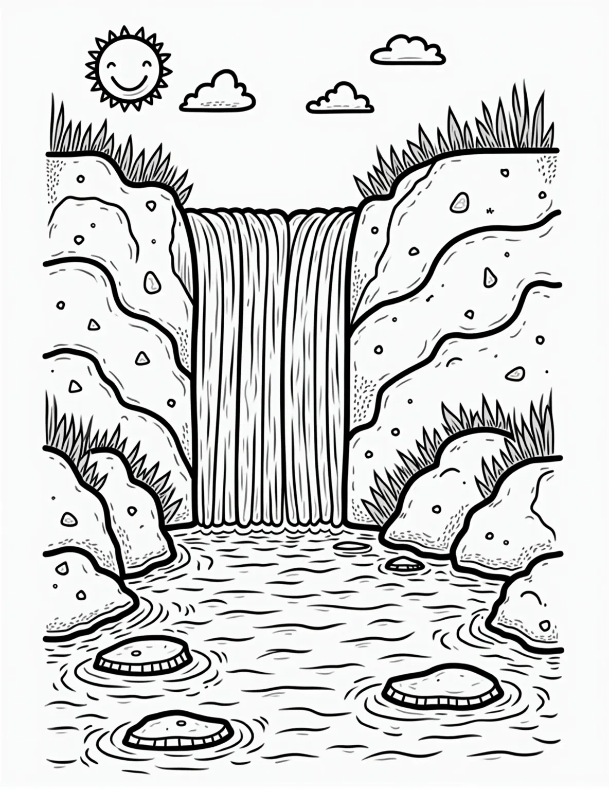 Rainbow Waterfall Wonder Coloring Page -- prompt: "black lines only Playful waterfall outline cascading down bold, chunky rocky cliffs. Water splits into vibrant rainbow stripes. Thick black lines define shapes. Simple geometric patterns fill rocks. Splashing droplets form fun, bubbly shapes. Cheerful sun peeks from corner. Perfect for coloring book enthusiasts. flat black lines, premium coloring page, coloring sheet, line drawing, Coloring Book, NO COLOR, NO SHADING, WHITE BACKGROUND. NO GRAY, BLACK AND WHITE, NO COLOR" -- This serene nature scene features a cascading waterfall, with the water splitting into rainbow colors as it falls. Lush vegetation and rock formations frame the waterfall. It's a perfect page for those who love the intersection of rainbows and natural wonders.