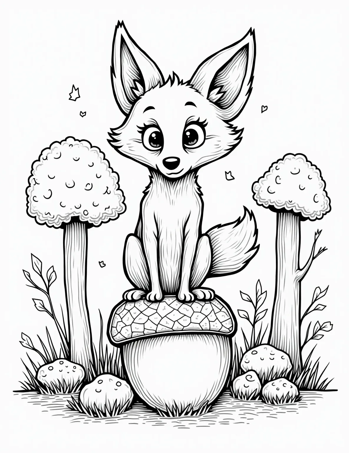 Curious Red Fox in Autumn Woods Coloring Page -- prompt: "black lines only Cheerful red fox with exaggerated features, bold black outlines. Sitting attentively in forest clearing, surrounded by oversized autumn leaves, acorns, and mushrooms. Simple shapes, thick lines. Perfect for coloring. Woodland scene with playful, cartoonish elements. Inviting and fun design for all ages. flat black lines, premium coloring page, coloring sheet, line drawing, Coloring Book, NO COLOR, NO SHADING, WHITE BACKGROUND. NO GRAY, BLACK AND WHITE, NO COLOR" -- Explore the beauty of fall with this enchanting fox coloring page. The alert fox sitting among autumn leaves and mushrooms showcases the charm of woodland creatures. Perfect for those who love seasonal themes and detailed nature scenes.