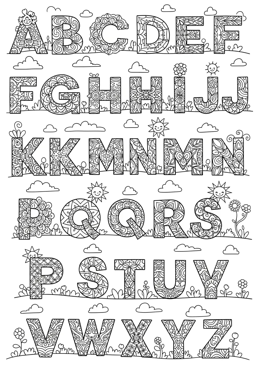 Intricate Alphabet Mandala Zen Garden Coloring Page -- prompt: "black lines only Twenty-six alphabet letters transformed into bold mandala designs featuring geometric patterns, swirling spirals, and symmetrical petals arranged across a cheerful landscape with smiling suns, playful clouds, and dancing flowers creating joyful coloring book pages with thick black outlines flat black lines, premium coloring page, coloring sheet, line drawing, Coloring Book, NO COLOR, NO SHADING, WHITE BACKGROUND. NO GRAY, BLACK AND WHITE, NO COLOR" -- Find tranquility in this sophisticated adult coloring page where each letter of the alphabet transforms into a detailed mandala pattern! Complex geometric designs, flowing curves, and symmetrical elements create stunning circular formations for every letter from A to Z. This meditative coloring experience offers hours of relaxation while subtly reinforcing letter recognition through beautiful artistic patterns perfect for stress relief.