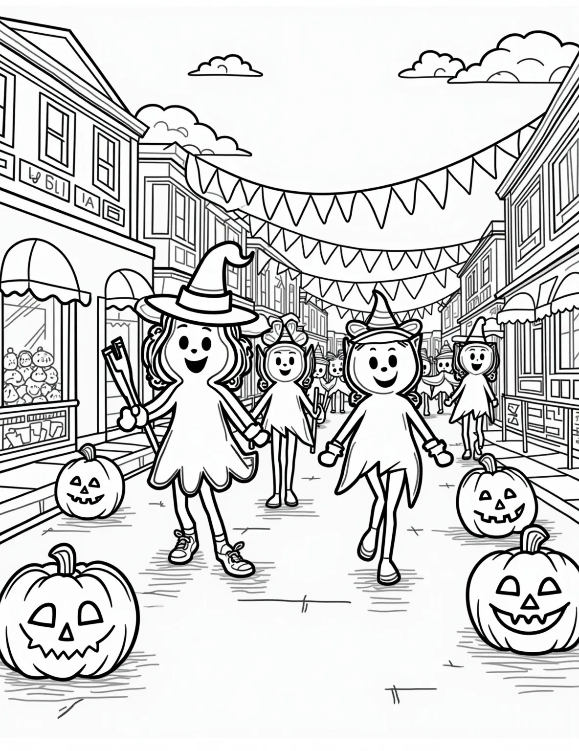 Trick-or-Treat Candy Parade -- prompt: "black lines only Cheerful candy characters in Halloween costumes parade through a whimsical street. Lollipop witches, gummy bear ghosts, and chocolate vampires march past jack-o'-lantern lined sidewalks. Bold, simple outlines perfect for coloring, with festive banners and playful details awaiting vibrant hues. flat black lines, premium coloring page, coloring sheet, line drawing, Coloring Book, NO COLOR, NO SHADING, WHITE BACKGROUND. NO GRAY, BLACK AND WHITE, NO COLOR" -- Join the sweetest Halloween parade with this delightful coloring page. Featuring a procession of animated candy characters dressed in adorable Halloween costumes, this page is sure to bring a smile to any child's face. It's a perfect blend of Halloween fun and sugary charm.