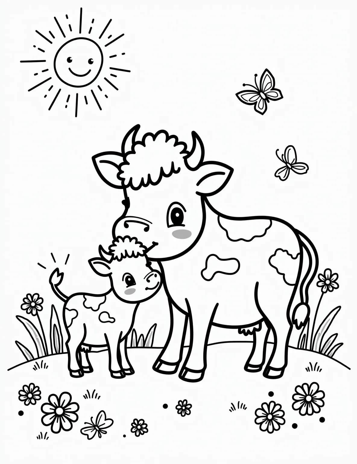 Cow and Calf Bonding -- prompt: "black lines only Adorable mother cow and calf outlines in a coloring book page. Bold, simple shapes with thick black lines. Grassy field with flowers, butterflies, and a smiling sun. Perfect for children to color. Heartwarming scene showcasing maternal love. Fun, easy-to-color design with flat black lines, premium coloring page, coloring sheet, line drawing, Coloring Book, NO COLOR, NO SHADING, WHITE BACKGROUND. NO GRAY, BLACK AND WHITE, NO COLOR" -- This heartwarming scene shows a mother cow nuzzling her calf. The gentle interaction between the two is captured in their soft expressions and body language. This page celebrates the bond between parent and child in the animal kingdom.