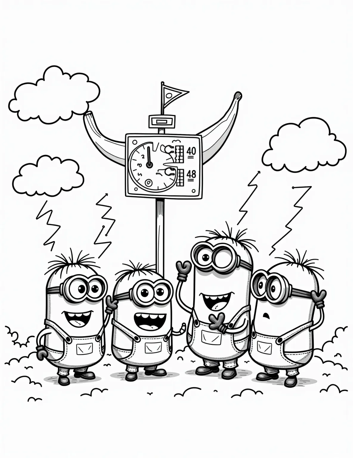 Minions' Wacky Weather Station -- prompt: "black lines only Playful Minions manage a zany weather station. Thick outlines frame banana-shaped satellites, oversized thermometers, and comical weather machines. Swirling clouds and lightning bolts fill negative spaces. Simple shapes and bold patterns create a lively, child-friendly scene perfect for coloring. flat black lines, premium coloring page, coloring sheet, line drawing, Coloring Book, NO COLOR, NO SHADING, WHITE BACKGROUND. NO GRAY, BLACK AND WHITE, NO COLOR" -- Forecast fun with this weather-themed Minion coloring page! Our yellow meteorologists are attempting to predict the weather using banana-shaped satellites, oversized thermometers, and comically complex machines. This scene is perfect for kids who are curious about science and enjoy silly scenarios.