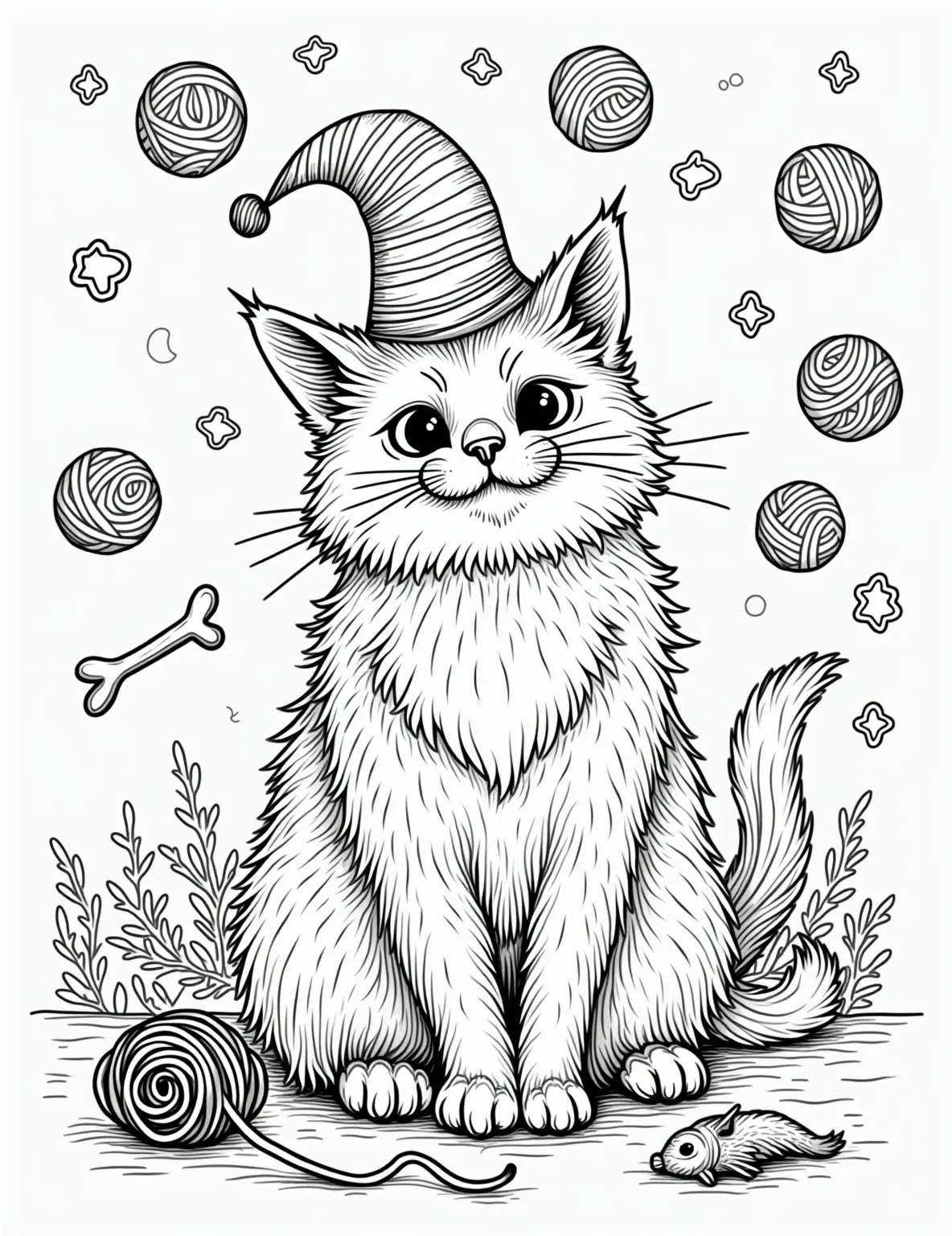 Majestic Persian Cat Coloring Page -- prompt: "black lines only A regal Persian cat with flowing fur and piercing eyes, outlined in bold black strokes. Ornate swirls adorn its coat, creating intricate patterns. Simple geometric shapes frame the feline, leaving ample white space for coloring. The cat's expression exudes playful elegance, inviting creative exploration. flat black lines, premium coloring page, coloring sheet, line drawing, Coloring Book, NO COLOR, NO SHADING, WHITE BACKGROUND. NO GRAY, BLACK AND WHITE, NO COLOR" -- Showcase the regal beauty of a Persian cat in this detailed coloring page. The cat's long, luxurious fur and distinctive flat face are prominently featured, making it an excellent choice for those seeking realistic cat coloring pages. This page offers a great opportunity to practice shading and texture techniques.