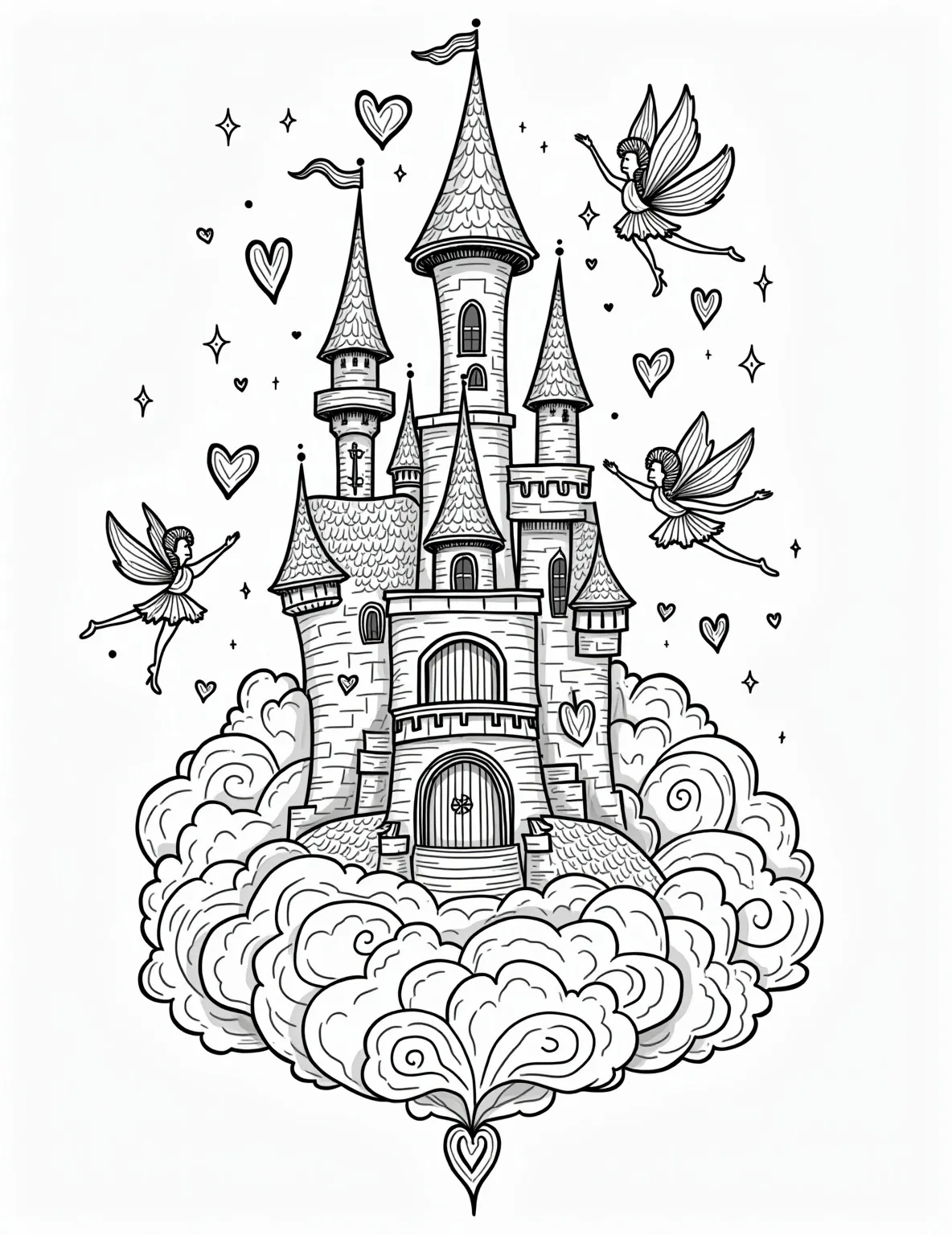 Fairy Tale Castle in the Clouds Coloring Page -- prompt: "black lines only Enchanted fairy castle perched atop fluffy clouds, simplified outlines for coloring. Turrets and spires reach skyward, fairies with delicate wings flutter about. Magical swirls, stars, and hearts adorn the scene. Bold, clean lines perfect for coloring book pages. Whimsical, child-friendly design invites imagination. flat black lines, premium coloring page, coloring sheet, line drawing, Coloring Book, NO COLOR, NO SHADING, WHITE BACKGROUND. NO GRAY, BLACK AND WHITE, NO COLOR" -- Soar into the realm of dreams with this fairy tale castle coloring page. Perched atop fluffy clouds, this majestic castle is home to all manner of fairies. The intricate architecture and swirling cloud patterns offer a delightful coloring challenge.