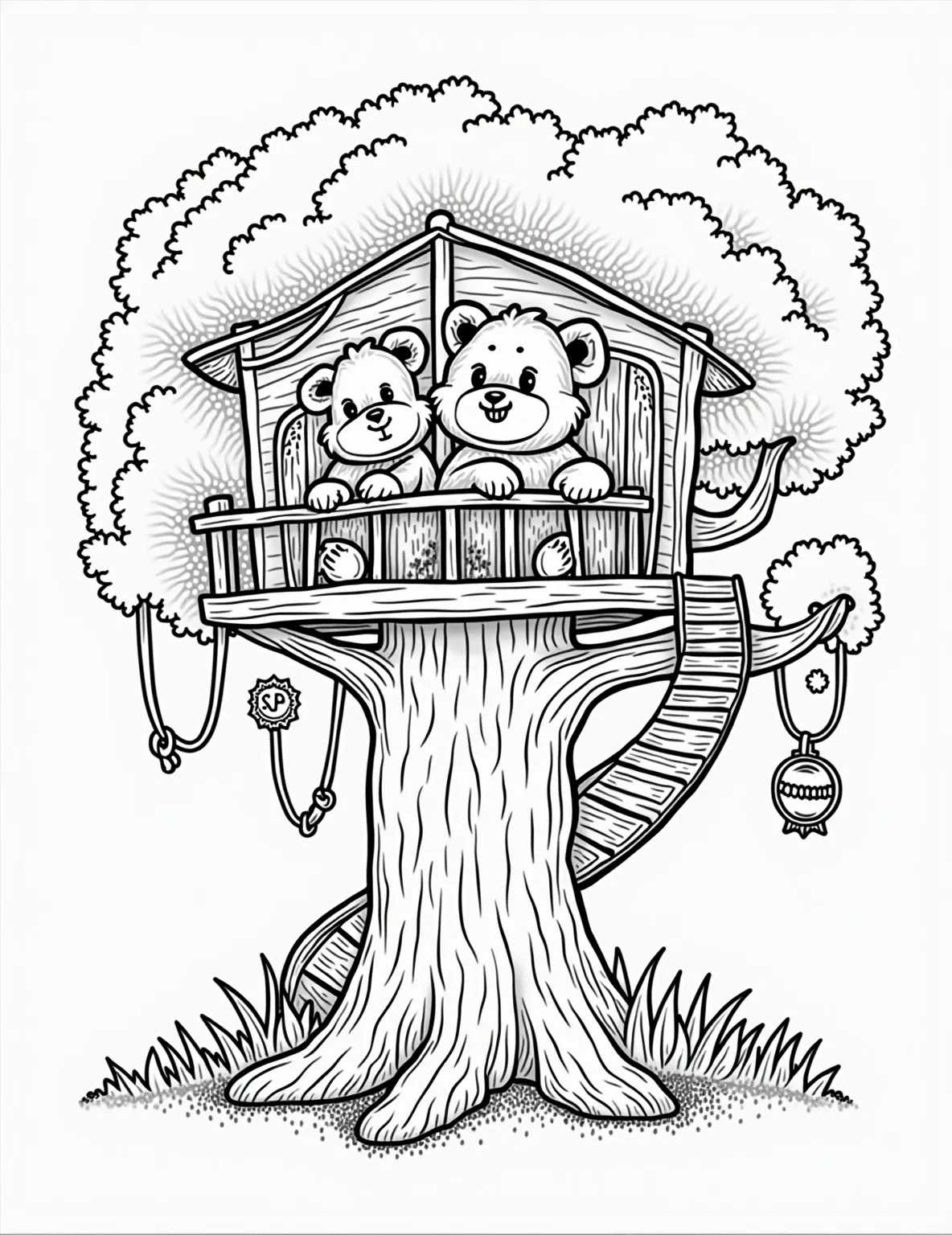 Teddy Bear's Treehouse Adventure -- prompt: "black lines only Cheerful teddy bears frolic in a treehouse wonderland. Bold outlines define swirling slides, swinging ropes, and a cozy reading nook. Playful patterns adorn tree bark and leaves. Simple yet expressive bear faces showcase joy. Empty spaces await vibrant colors from imaginative minds. flat black lines, premium coloring page, coloring sheet, line drawing, Coloring Book, NO COLOR, NO SHADING, WHITE BACKGROUND. NO GRAY, BLACK AND WHITE, NO COLOR" -- Join a group of teddy bears on an exciting treehouse adventure in this imaginative coloring page. The bears play in and around a multi-level treehouse, complete with rope ladders, slides, and a tire swing. This delightful scene encourages creativity and discussions about outdoor play and friendship.