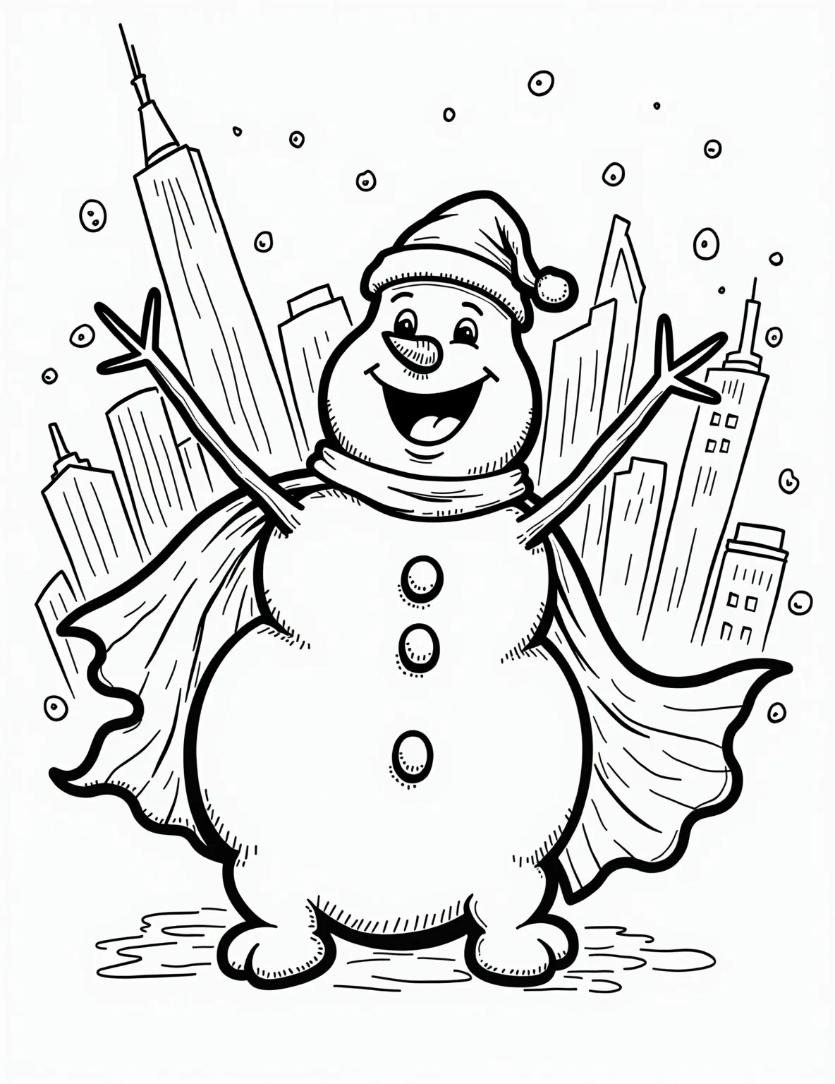 Snowman Superhero Coloring Page -- prompt: "black lines only Coloring page outline of a plump snowman superhero, bold cape billowing. Masked face with carrot nose, stick arms outstretched. Soaring past simplified skyscraper silhouettes. Chunky snowflakes falling. Large, empty spaces for coloring. Playful, thick lines perfect for young artists. flat black lines, premium coloring page, coloring sheet, line drawing, Coloring Book, NO COLOR, NO SHADING, WHITE BACKGROUND. NO GRAY, BLACK AND WHITE, NO COLOR" -- Up, up, and away with the Snowman of Steel! This action-packed coloring page features a snowman superhero soaring through the sky. Complete with a cape and mask, this frosty hero is ready to save the day in style.