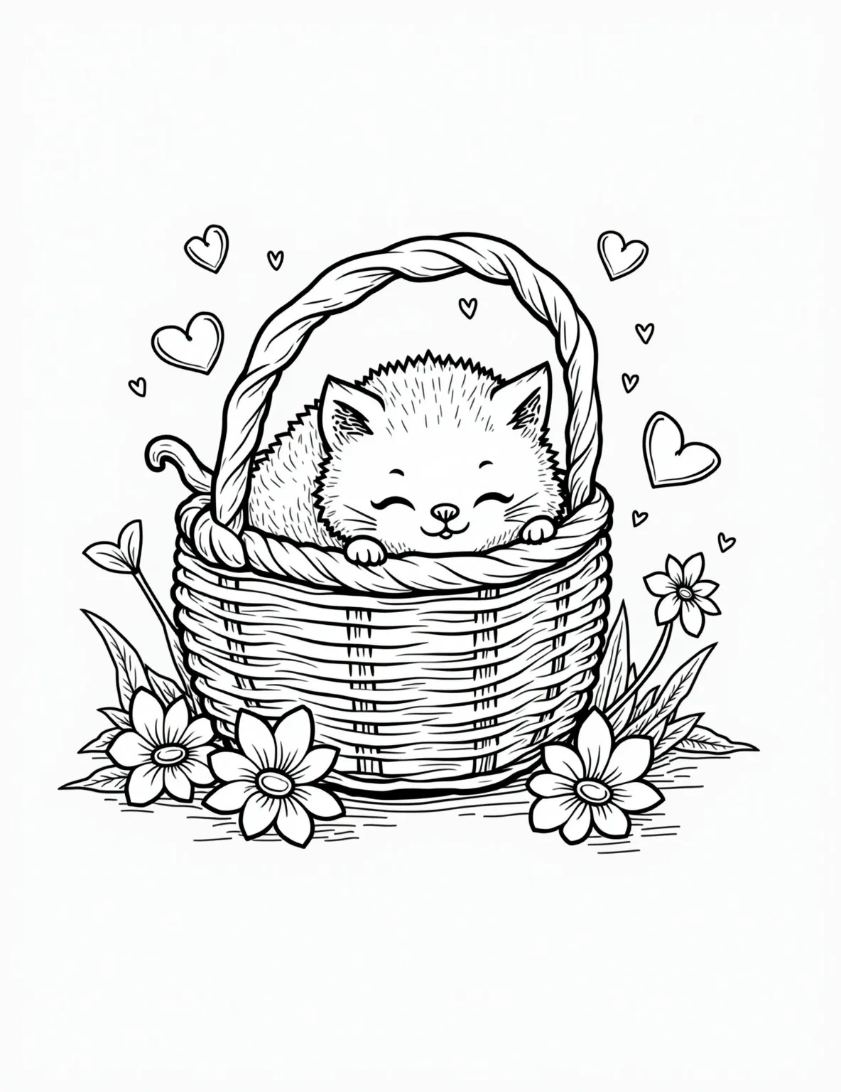 Sleepy Kitty in a Cozy Basket Coloring Page -- prompt: "black lines only Adorable kitten snoozes in round wicker basket, tail curled to nose. Bold, simplified outlines perfect for coloring. Basket weave pattern, whiskers, and fur tufts clearly defined. Playful swirls and hearts surround, creating a charming, kid-friendly scene. Oversized flowers and flat black lines, premium coloring page, coloring sheet, line drawing, Coloring Book, NO COLOR, NO SHADING, WHITE BACKGROUND. NO GRAY, BLACK AND WHITE, NO COLOR" -- Capture the essence of feline contentment with this adorable scene of a kitty napping in a warm, cozy basket. The cat's peaceful expression and curled-up pose exude comfort and tranquility. This page is ideal for those who love easy cat coloring pages for toddlers, with simple lines and a heartwarming subject.