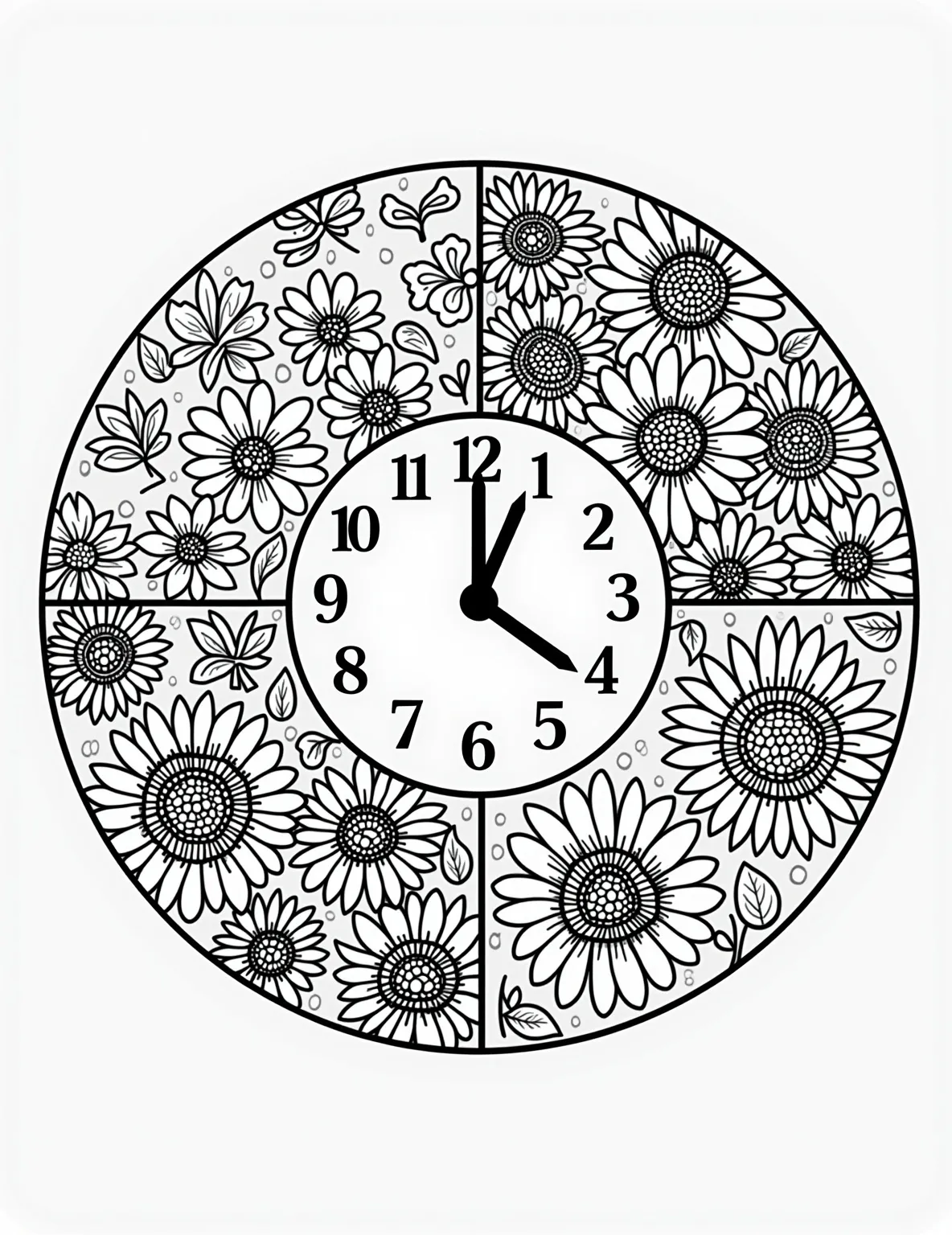 Four Seasons Flower Clock -- prompt: "black lines only Circular clock face divided into four whimsical sections, each bursting with seasonal blooms. Spring daisies, summer sunflowers, autumn leaves, and winter snowflakes intertwine in bold, playful outlines. Chunky numbers and swirling patterns create a delightful coloring book page for all ages. flat black lines, premium coloring page, coloring sheet, line drawing, Coloring Book, NO COLOR, NO SHADING, WHITE BACKGROUND. NO GRAY, BLACK AND WHITE, NO COLOR" -- Mark the passage of time with this unique four seasons flower clock coloring page. The circular design is divided into four sections, each representing a season with its characteristic flowers. This creative page allows colorists to explore the changing beauty of nature throughout the year.