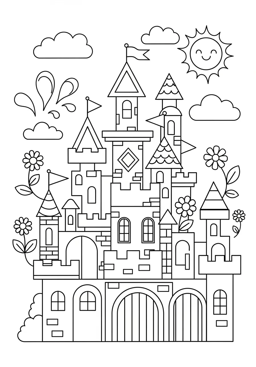 Shape Fairy Tale Castle Coloring Page -- prompt: "black lines only Enchanted fairy tale castle coloring page featuring bold geometric shapes: towering cylindrical spires, sharp triangular rooftops, sturdy rectangular walls, sparkling diamond windows, graceful arched doorways, surrounded by puffy clouds, cheerful sun, simple flowers, thick black outlines, kid-friendly design flat black lines, premium coloring page, coloring sheet, line drawing, Coloring Book, NO COLOR, NO SHADING, WHITE BACKGROUND. NO GRAY, BLACK AND WHITE, NO COLOR" -- Once upon a time, in a land of geometric wonder, stood a magnificent shape castle! This enchanting fairy tale scene features towers made of cylinders, triangular roofs, rectangular walls, and diamond-shaped windows. Children will love creating their own colorful kingdom while identifying shapes in this magical setting.