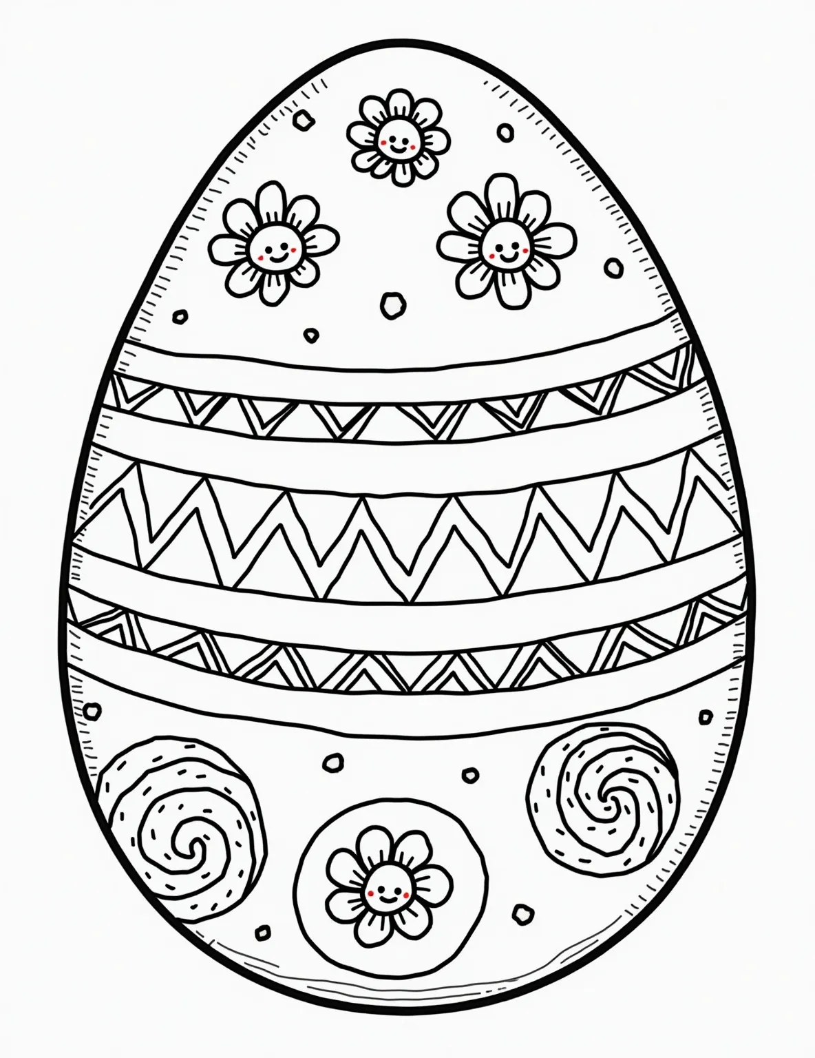 Elegant Easter Egg Mosaic -- prompt: "black lines only Oversized Easter egg outline on crisp white page. Playful mosaic interior filled with chunky, bold patterns: blooming daisies, fluffy bunnies, zigzags, polka dots, and swirls. Thick black lines define each section, begging for vibrant colors. Perfect for Easter-themed relaxation and creativity. flat black lines, premium coloring page, coloring sheet, line drawing, Coloring Book, NO COLOR, NO SHADING, WHITE BACKGROUND. NO GRAY, BLACK AND WHITE, NO COLOR" -- This intricate coloring page showcases a large Easter egg composed of various geometric patterns and smaller Easter-themed elements. The mosaic design includes flowers, smaller eggs, bunnies, and spring motifs, all fitting together to form the shape of one grand Easter egg. This page offers a satisfying challenge for those who enjoy detailed coloring.