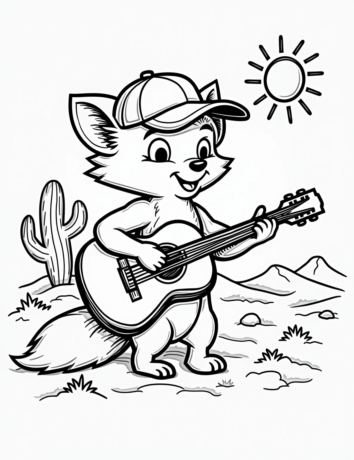 Fox, Baseball Hat, Acoustic Guitar, Desert