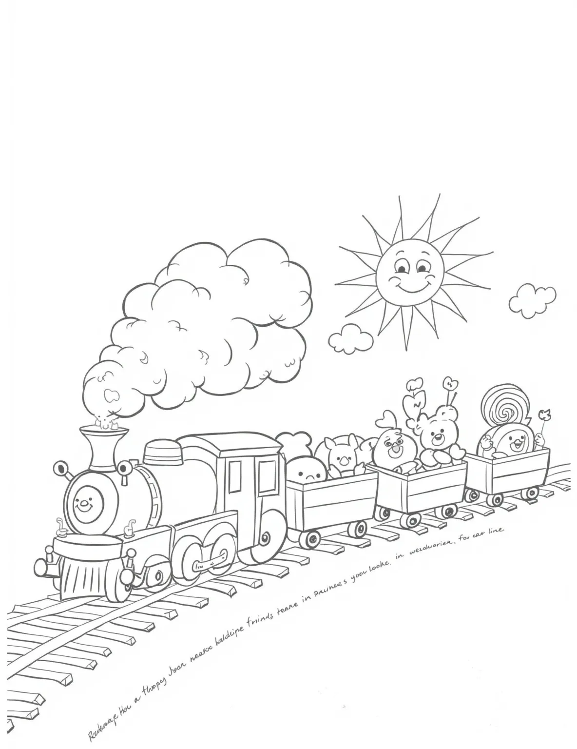 Rectangle Train Adventure -- prompt: "black lines only Cheerful locomotive chugging along, adorned with bold outlines and simple shapes. Colorful boxcars carry whimsical cargo like oversized lollipops and giant teddy bears. Puffy clouds and smiling sun overhead. Perfect for little hands to bring to life with crayons. Fun coloring book style coloring page. flat black lines, premium coloring page, coloring sheet, line drawing, Coloring Book, NO COLOR, NO SHADING, WHITE BACKGROUND. NO GRAY, BLACK AND WHITE, NO COLOR" -- All aboard the shape train with this rectangle-focused coloring page! A long train composed of rectangular cars and cargo introduces children to this four-sided shape. This page offers a fun way to discuss transportation while identifying rectangles in everyday objects.
