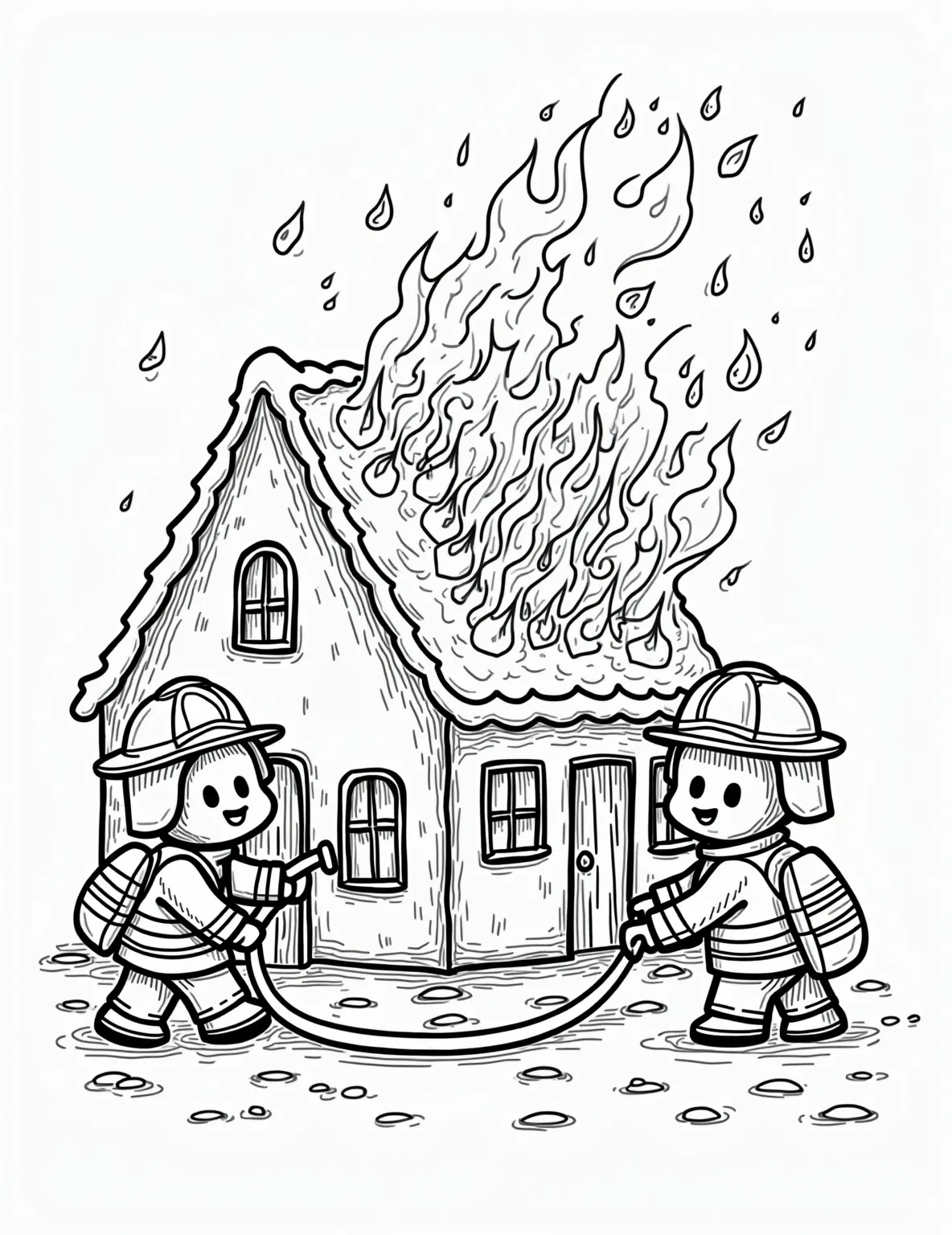 Gingerbread Firefighters to the Rescue Coloring Page -- prompt: "black lines only Adorable gingerbread firefighters with big smiles rescue cookie people from a candy-coated burning house. Fire truck adorned with peppermint wheels and licorice hoses. Thick, bold outlines perfect for coloring. Swirling smoke clouds and flickering frosting flames. Cheerful yet exciting scene flat black lines, premium coloring page, coloring sheet, line drawing, Coloring Book, NO COLOR, NO SHADING, WHITE BACKGROUND. NO GRAY, BLACK AND WHITE, NO COLOR" -- This heroic coloring page shows gingerbread firefighters in action. They're operating a fire truck and rescuing other gingerbread people from a burning gingerbread house. It's an exciting page that celebrates bravery and community helpers.