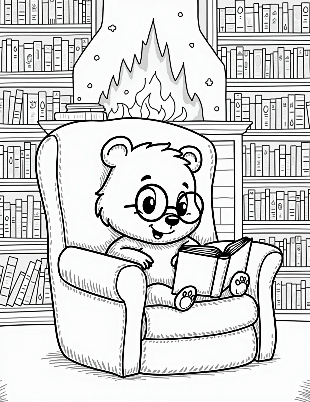 Bear's Cozy Reading Nook -- prompt: "black lines only Adorable cartoon bear in round glasses, cozy in oversized armchair. Paw holds open book, surrounded by towering bookshelves with playful titles. Crackling fireplace nearby, casting warm glow. Simple black outlines, large empty spaces for coloring. Inviting scene for creative fun. flat black lines, premium coloring page, coloring sheet, line drawing, Coloring Book, NO COLOR, NO SHADING, WHITE BACKGROUND. NO GRAY, BLACK AND WHITE, NO COLOR" -- Snuggle up with this heartwarming coloring page featuring a bear's cozy reading corner. The bear sits in a plush armchair, engrossed in a book, surrounded by bookshelves, a warm fireplace, and a steaming cup of cocoa. This charming scene celebrates the joy of reading and creates a perfect atmosphere for relaxation.