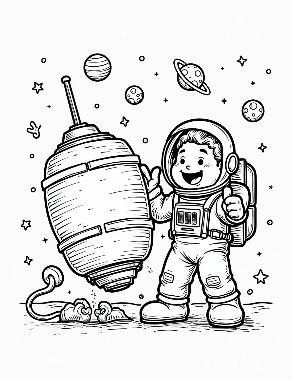 Astronaut Repairing Satellite -- prompt: "black lines only Cheerful astronaut in spacesuit, repairing oversized cartoon satellite. Stars and planets scattered around. Thick, bold outlines perfect for coloring. Floating tools, swirling cables, and smiling Earth in background. Space helmet reflects colorful cosmic scene. Astronaut gives thumbs-up, adding playful touch. flat black lines, premium coloring page, coloring sheet, line drawing, Coloring Book, NO COLOR, NO SHADING, WHITE BACKGROUND. NO GRAY, BLACK AND WHITE, NO COLOR" -- Witness the delicate work of space maintenance with this engaging coloring page. An astronaut is shown performing repairs on a satellite, showcasing the precision and skill required for space missions. This page offers a unique perspective on the practical aspects of space exploration.