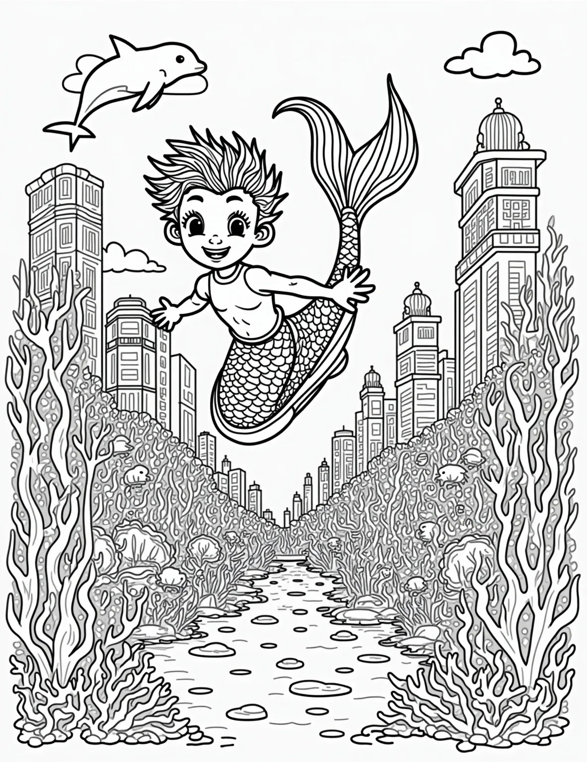 Undersea Merman Kingdom Coloring Page -- prompt: "black lines only Cheerful boy merman with spiky hair swims through bustling underwater metropolis. Mer-people of various colors and shapes, playful fish, and whimsical coral buildings fill the scene. Bold outlines define each element, creating a lively, ready-to-color underwater adventure. flat black lines, premium coloring page, coloring sheet, line drawing, Coloring Book, NO COLOR, NO SHADING, WHITE BACKGROUND. NO GRAY, BLACK AND WHITE, NO COLOR" -- Dive into a mythical underwater realm with this fascinating undersea merman kingdom coloring page. It features a young merman exploring an ornate underwater city. This page is ideal for boys who love merfolk legends and imagining life beneath the waves.